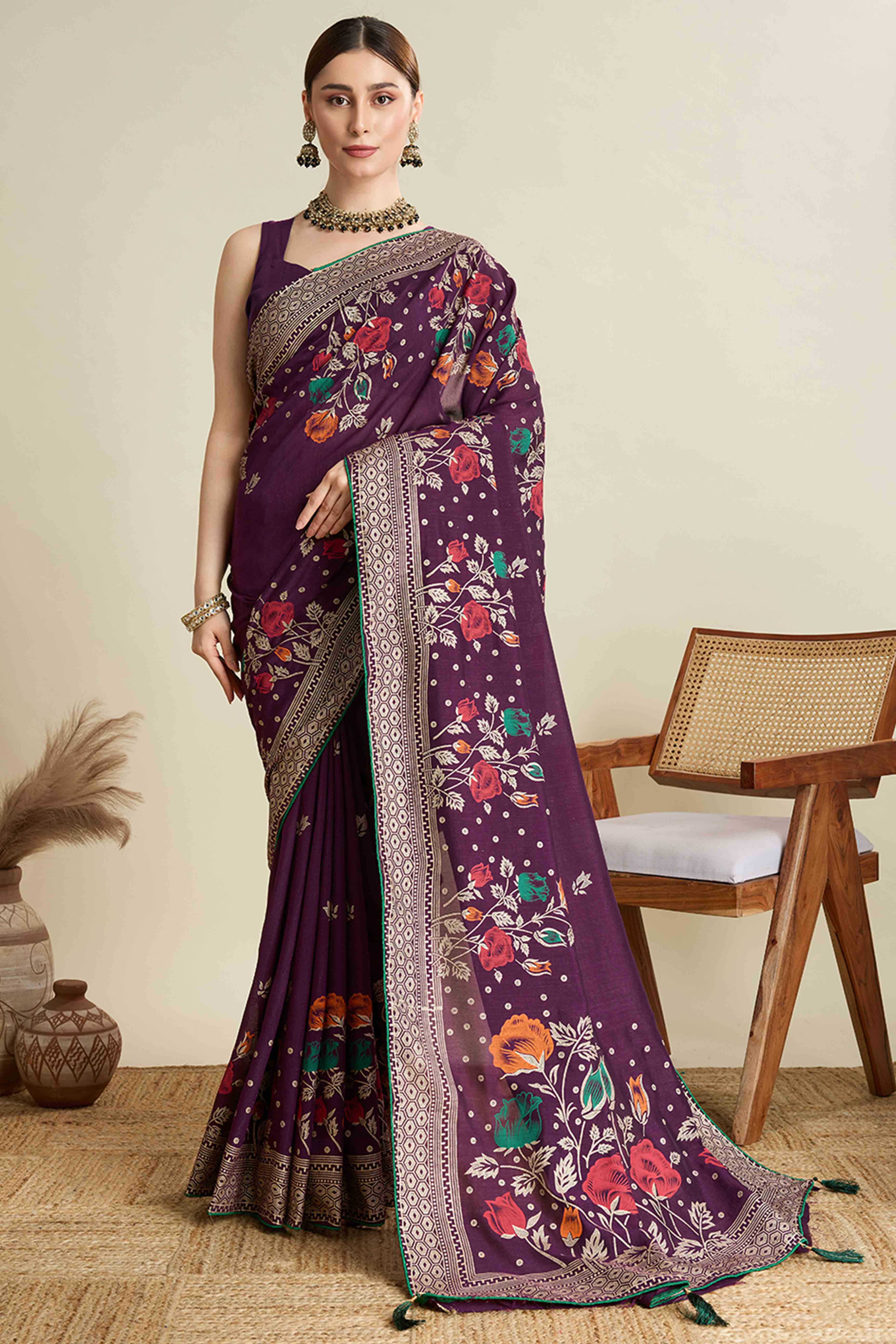 Purple Lightweight Cotton Silk Saree with Delicate Paisley Prints - Image 3