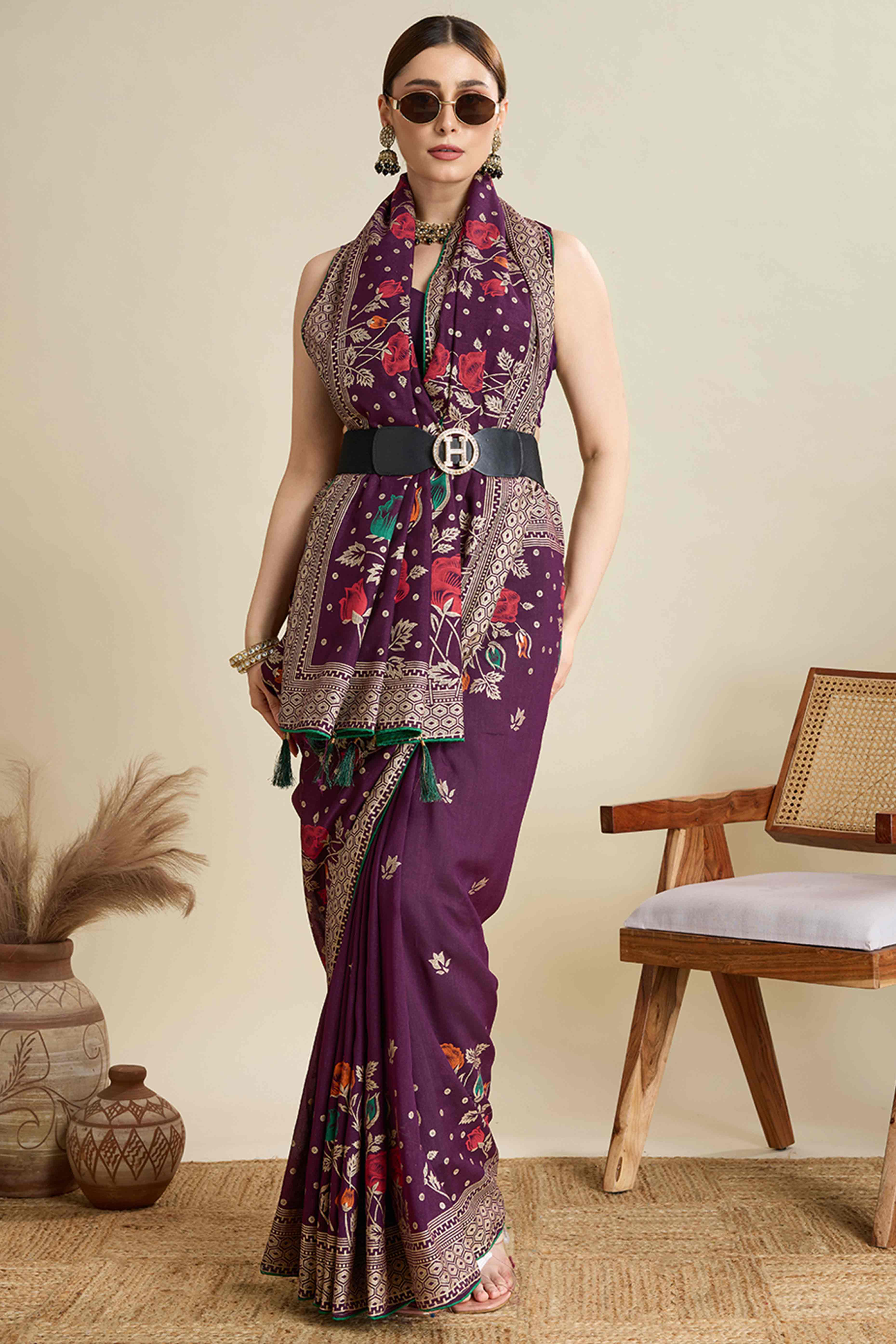 Purple Lightweight Cotton Silk Saree with Delicate Paisley Prints - Image 4