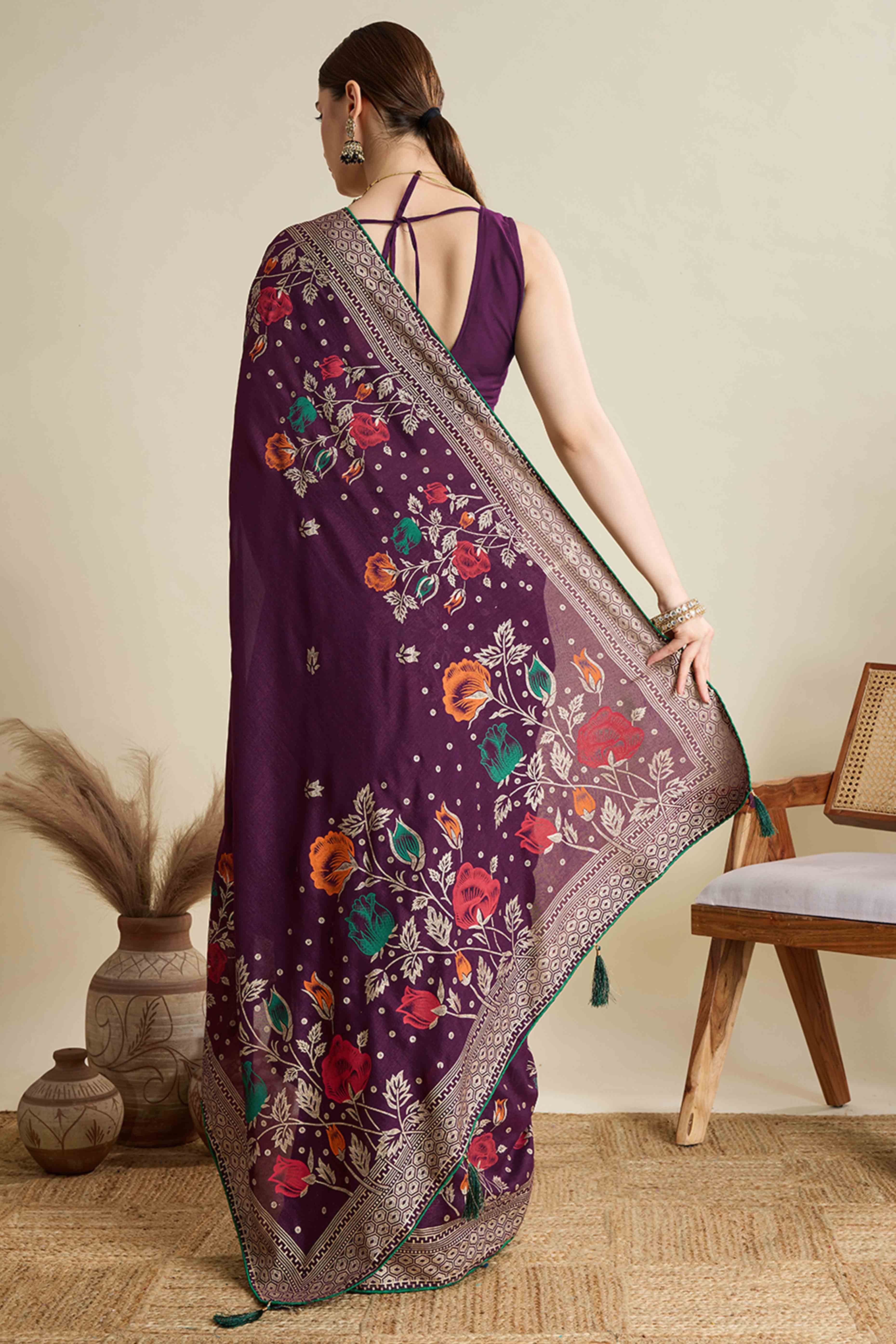 Purple Lightweight Cotton Silk Saree with Delicate Paisley Prints - Image 5