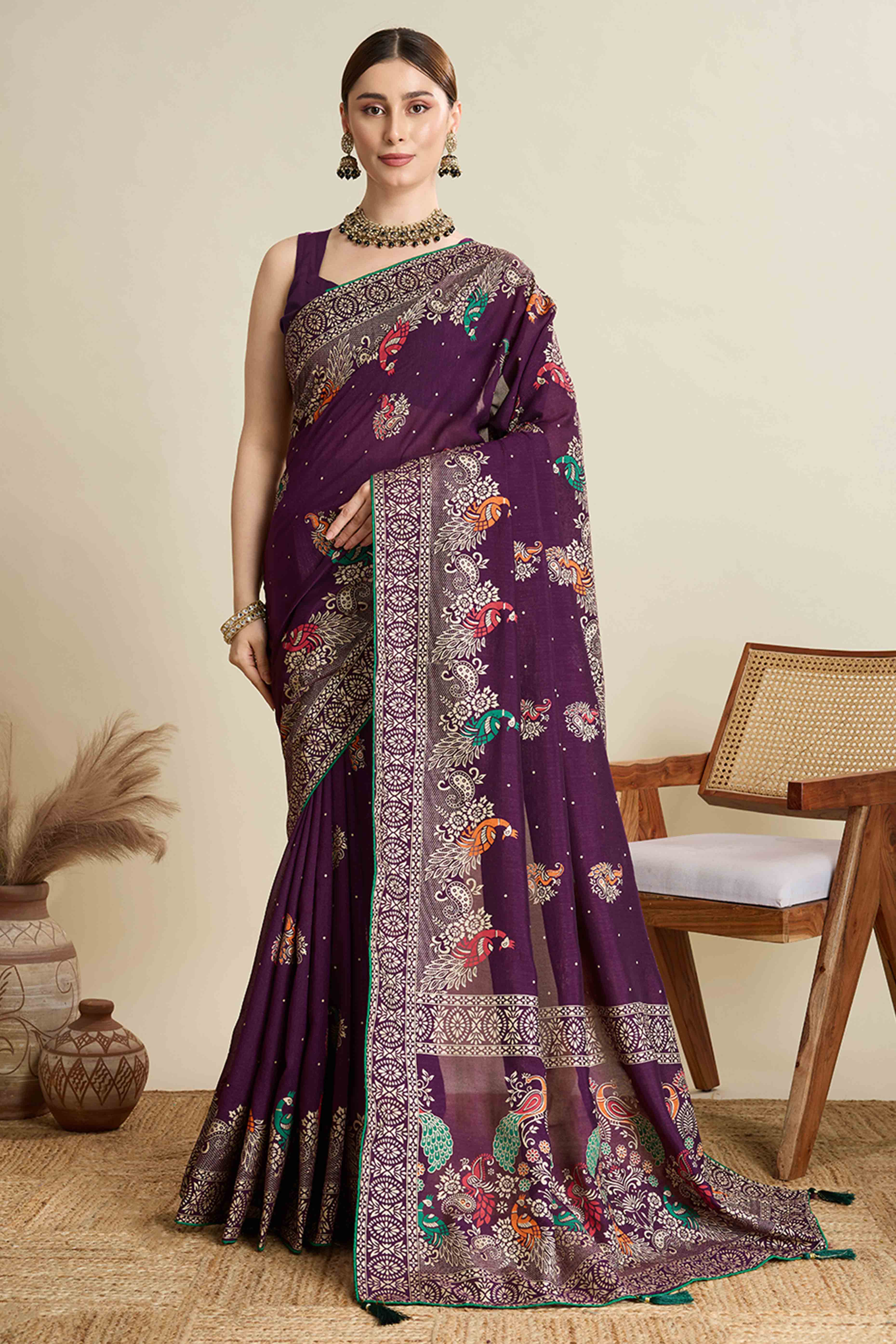 Purple Lightweight Cotton Silk Saree with Delicate Paisley Prints - Image 3