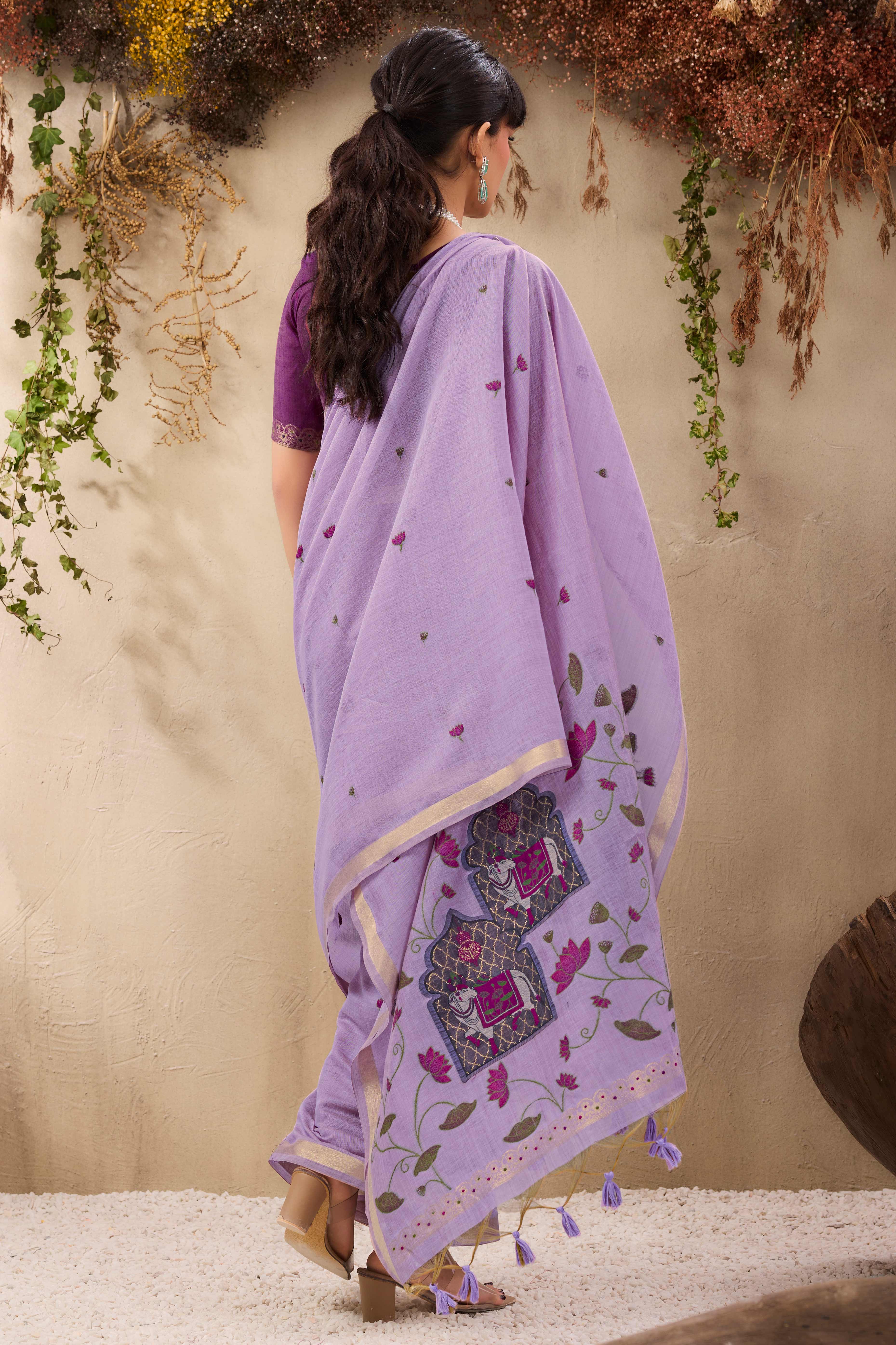 Purple Lightweight Handloom Munga Cotton Blend Saree Accented with Floral Woven Motifs - Image 6
