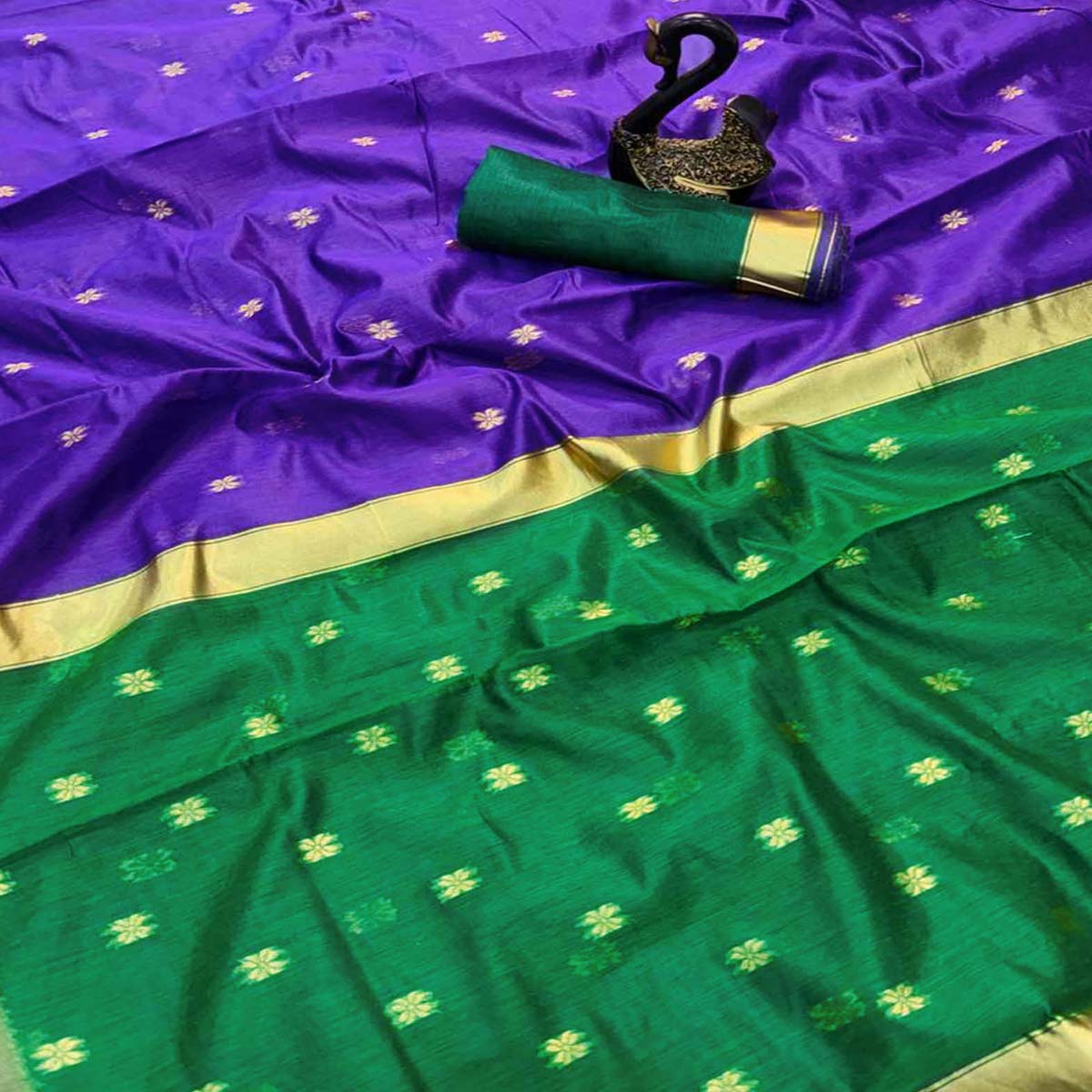 Purple Linen Cotton Saree Adorned with Intricate Zari Butti Weaving for a Refined Ethnic Appeal - Image 2