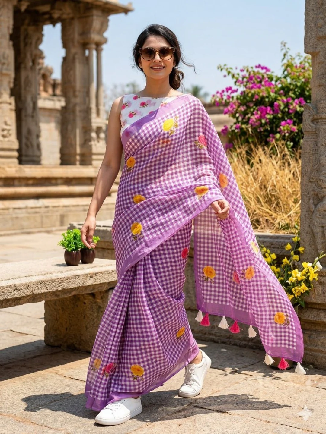 Purple Linen Saree with Checked Pattern and Floral Motifs