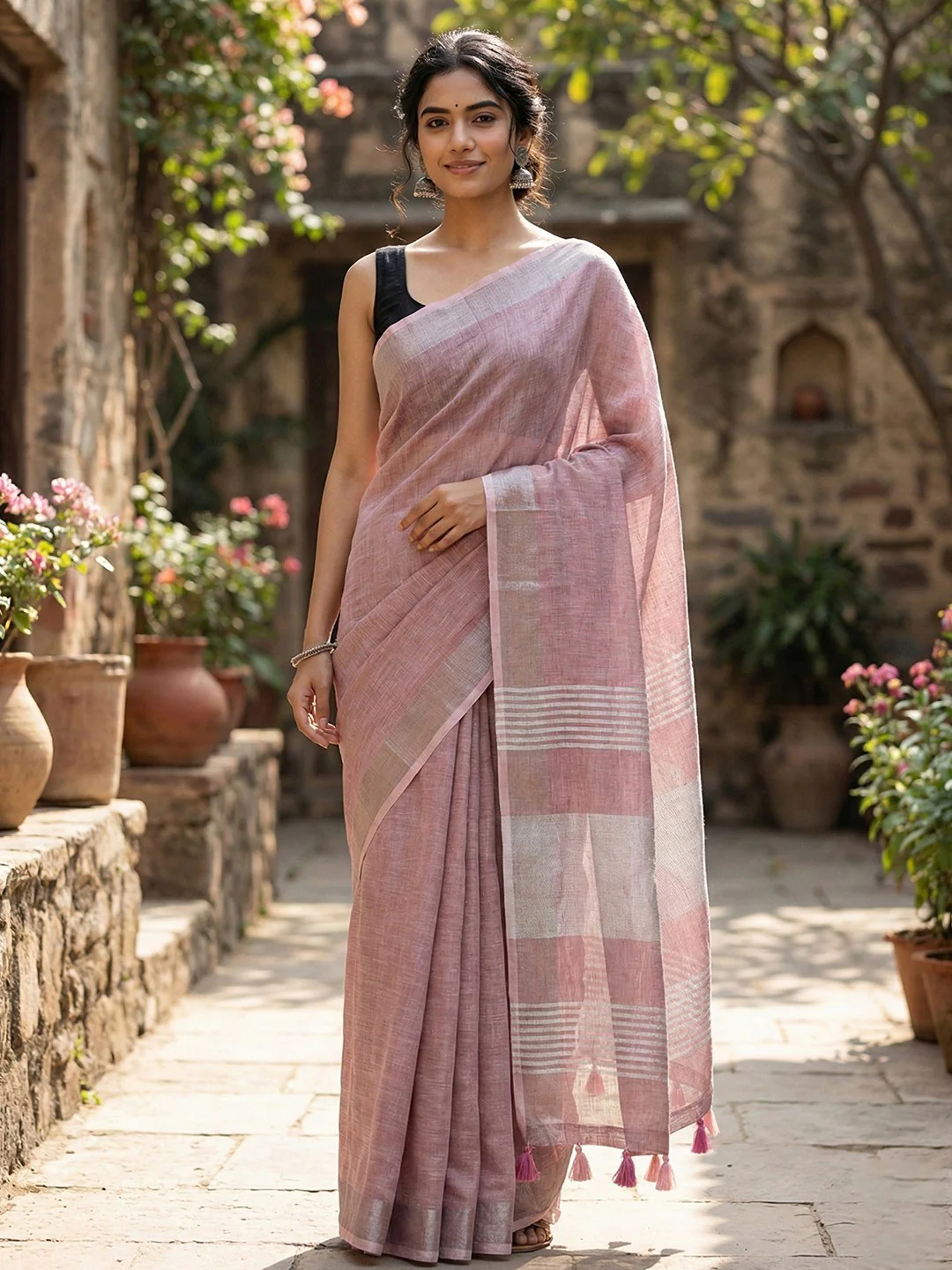 Purple Linen Saree with Subtle Zari Detailing Lightweight Occasion Wear