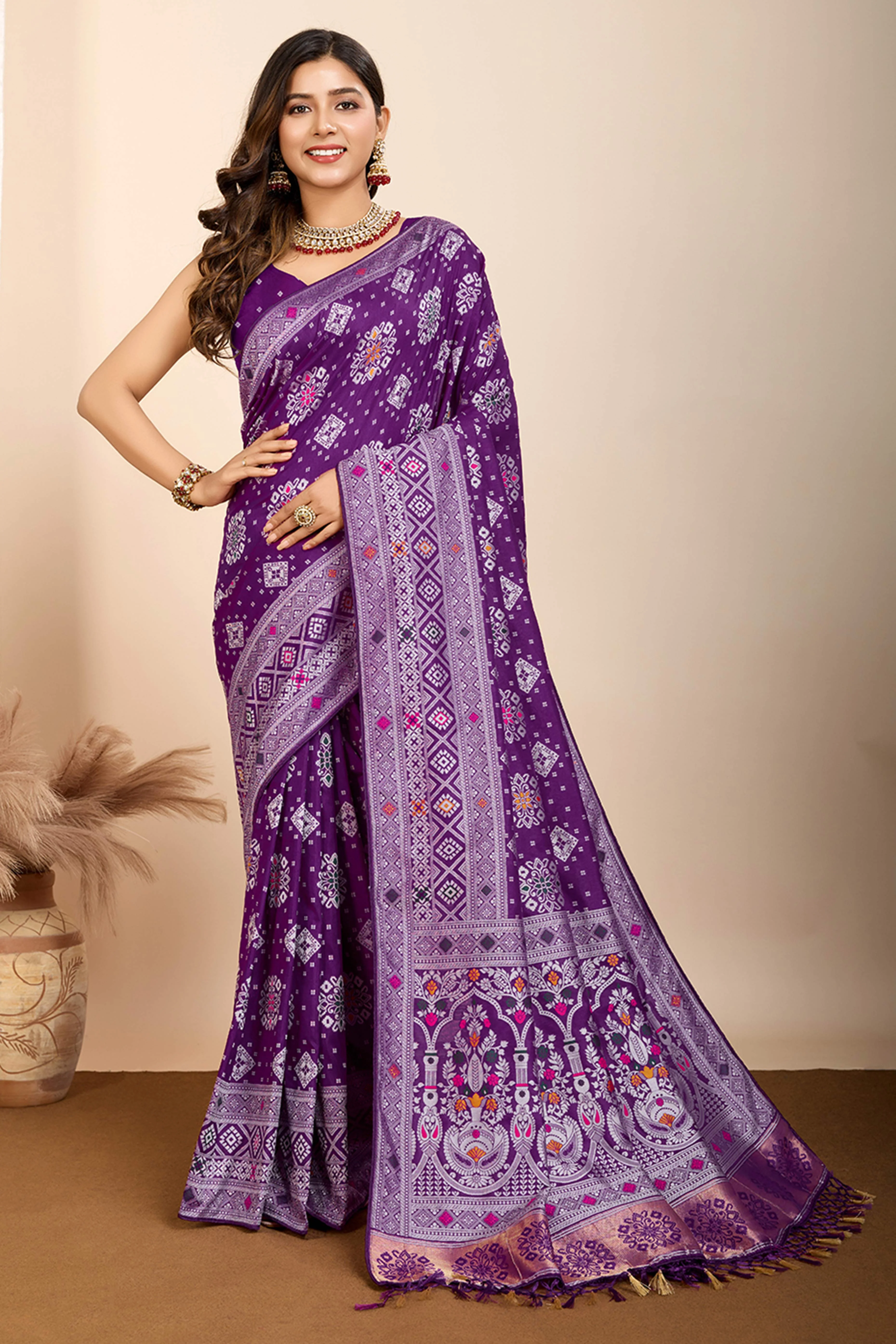 Purple Minakari Weaving Pure Silk Saree - Image 3