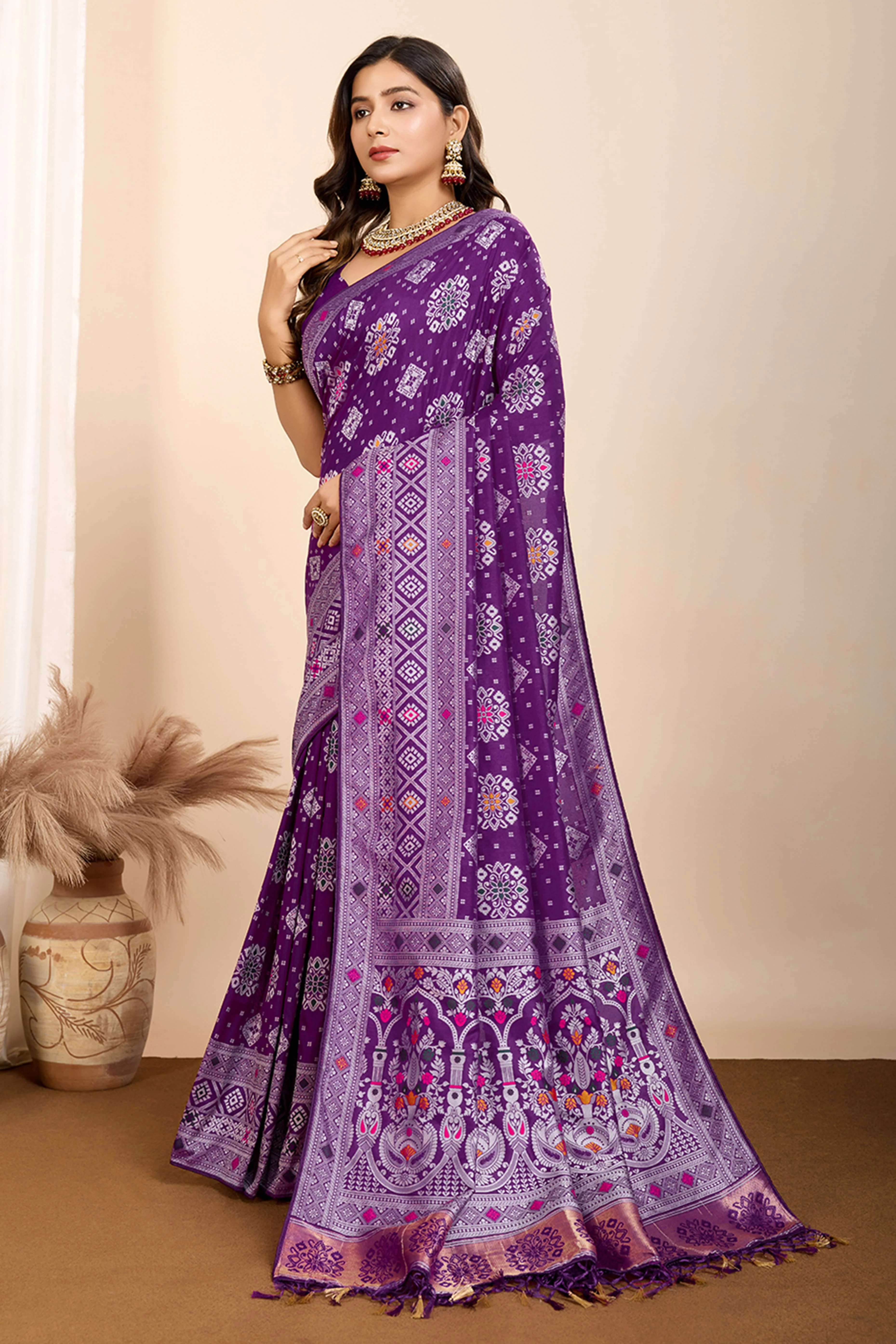Purple Minakari Weaving Pure Silk Saree - Image 4