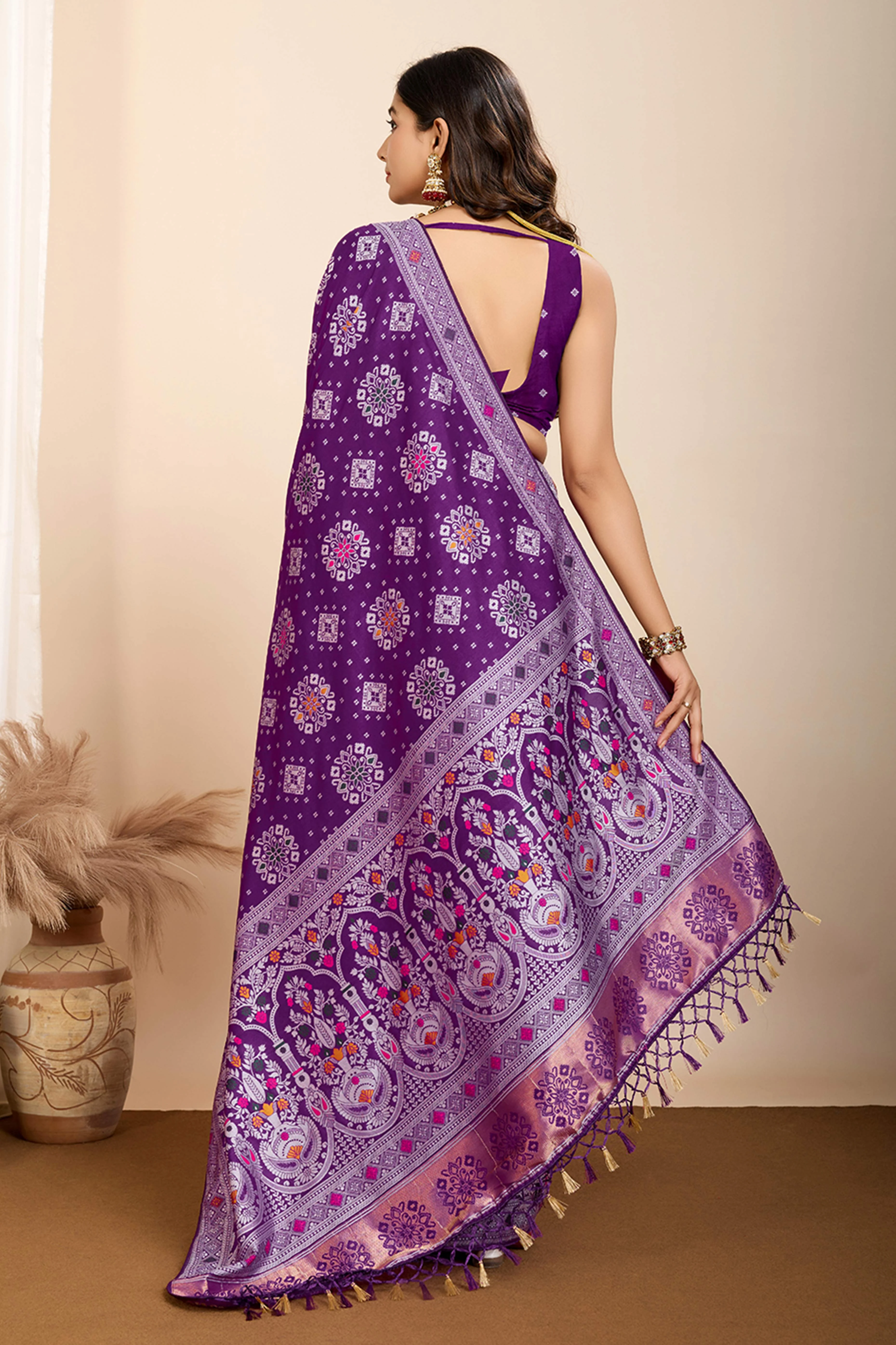 Purple Minakari Weaving Pure Silk Saree - Image 5