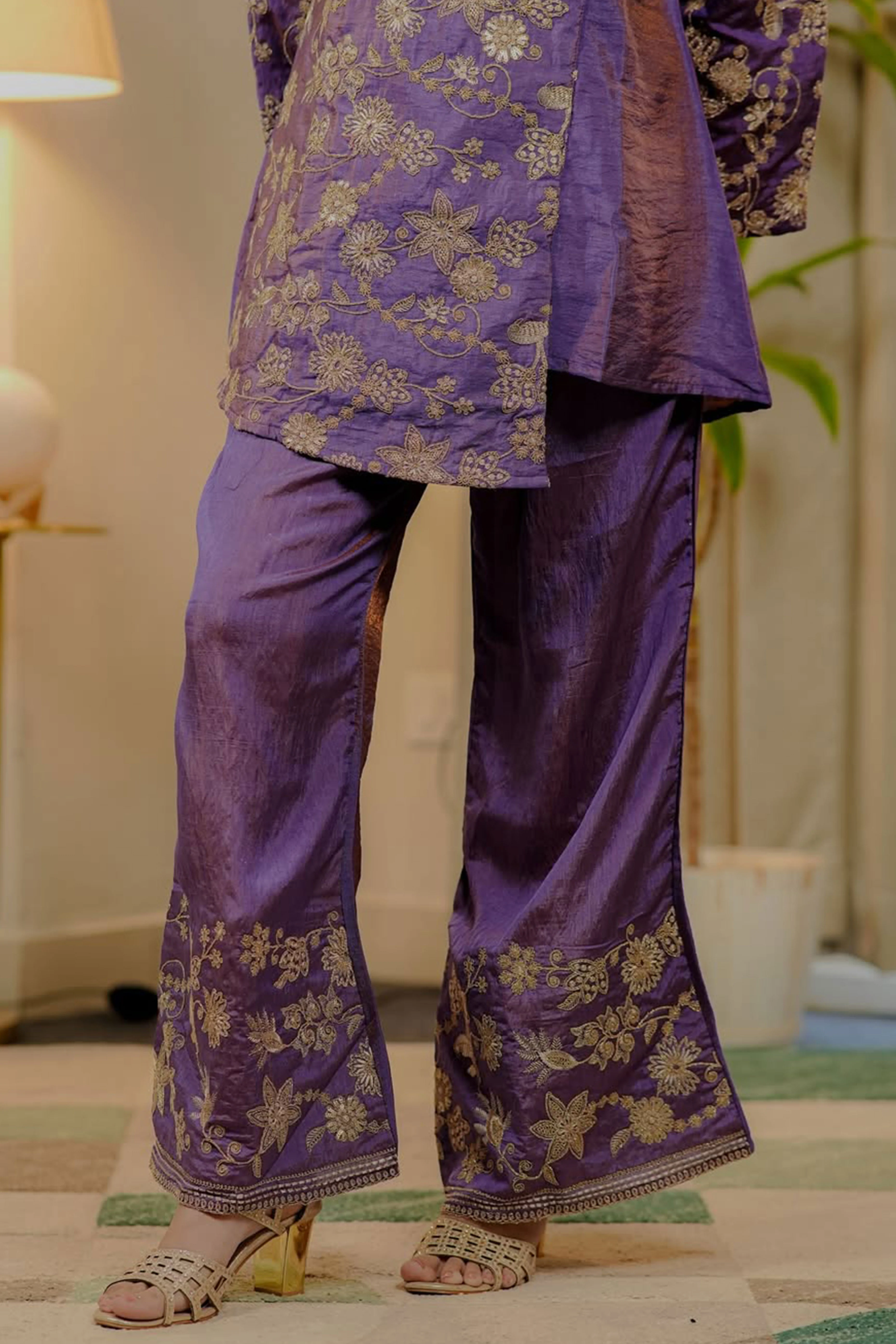 Purple Mirai Viscose Top Bottom Set Adorned with Beautiful Golden Thread Floral Embroidery - Image 4