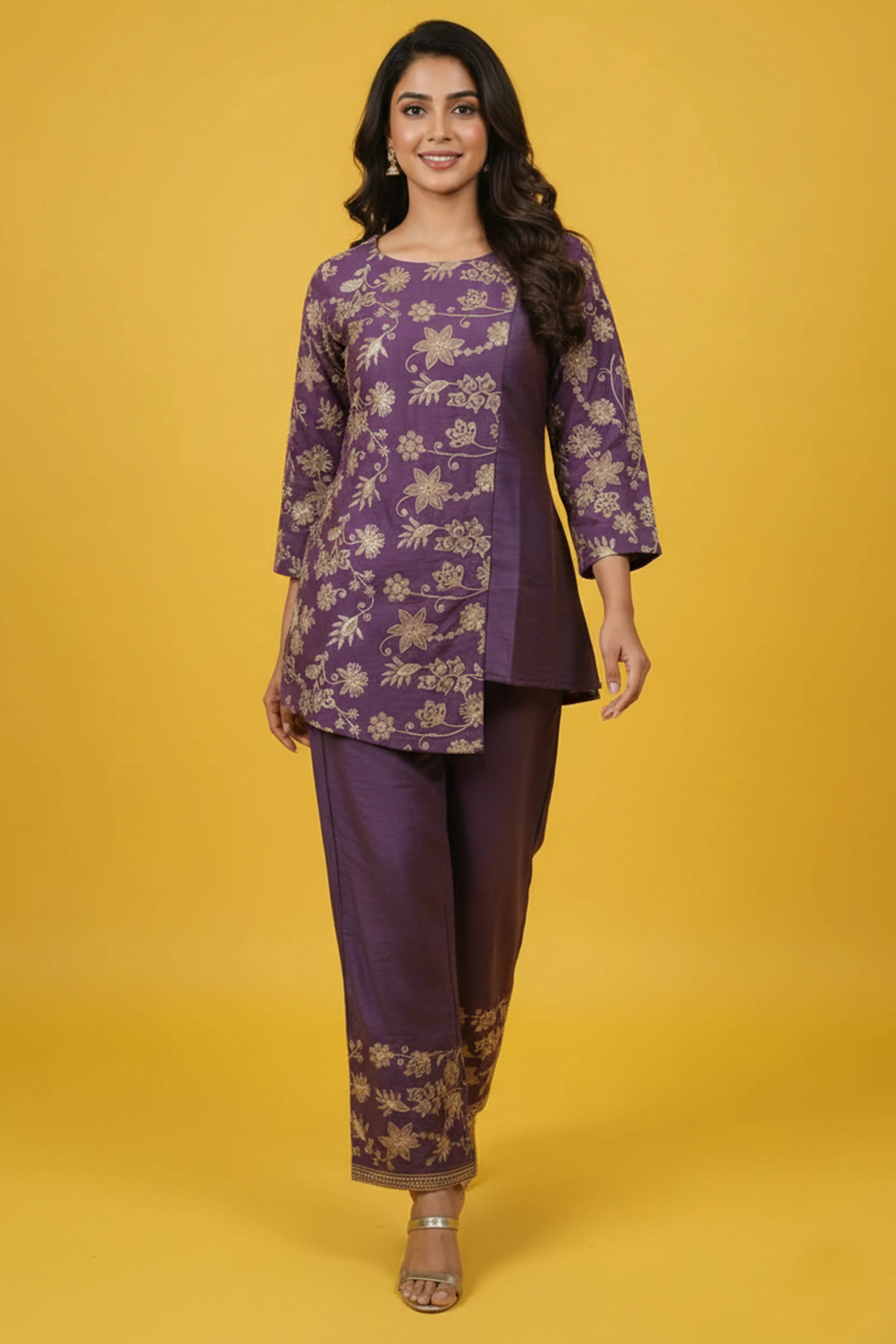 Purple Mirai Viscose Top Bottom Set Adorned with Beautiful Golden Thread Floral Embroidery - Image 5
