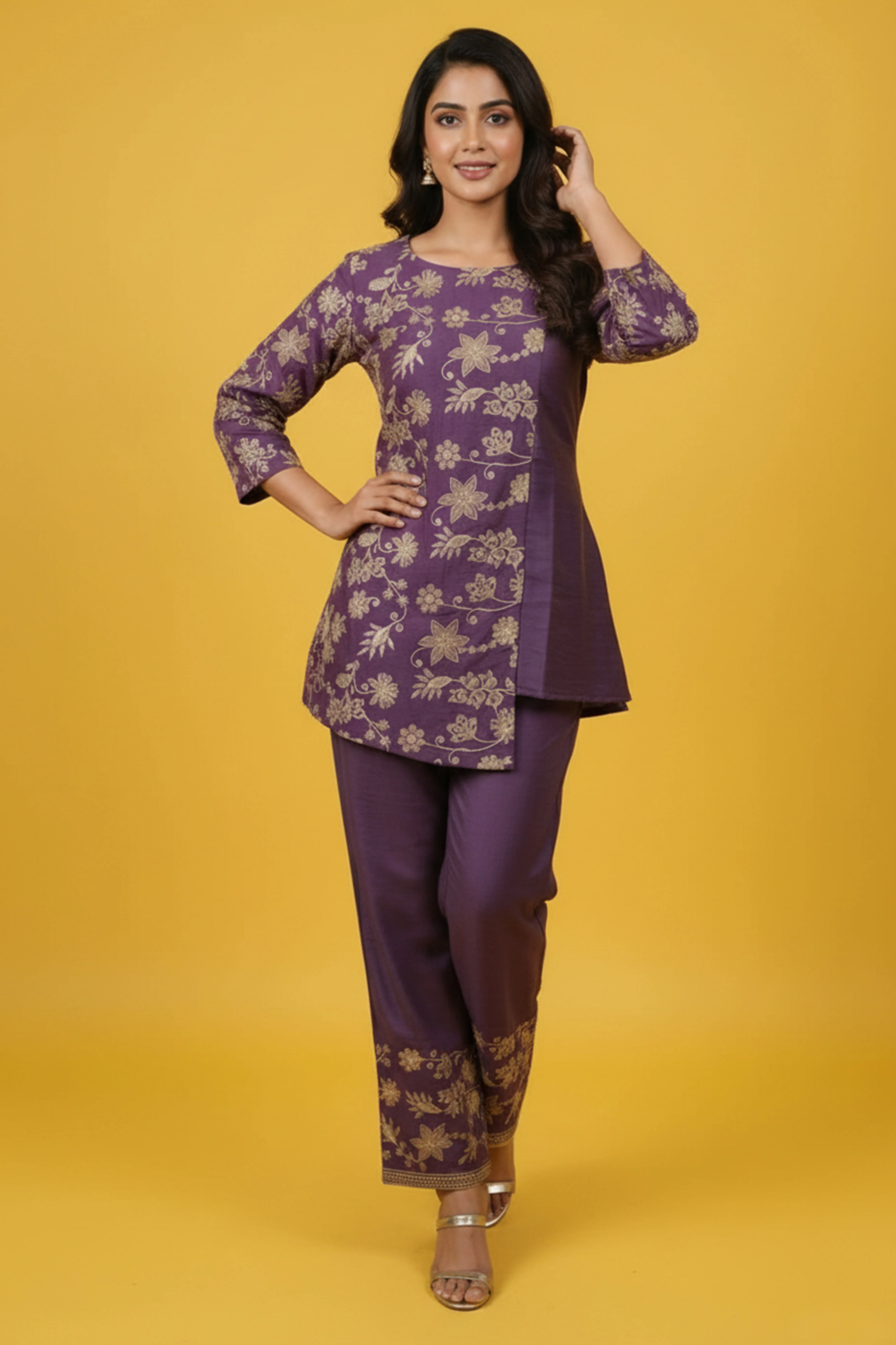 Purple Mirai Viscose Top Bottom Set Adorned with Beautiful Golden Thread Floral Embroidery - Image 8
