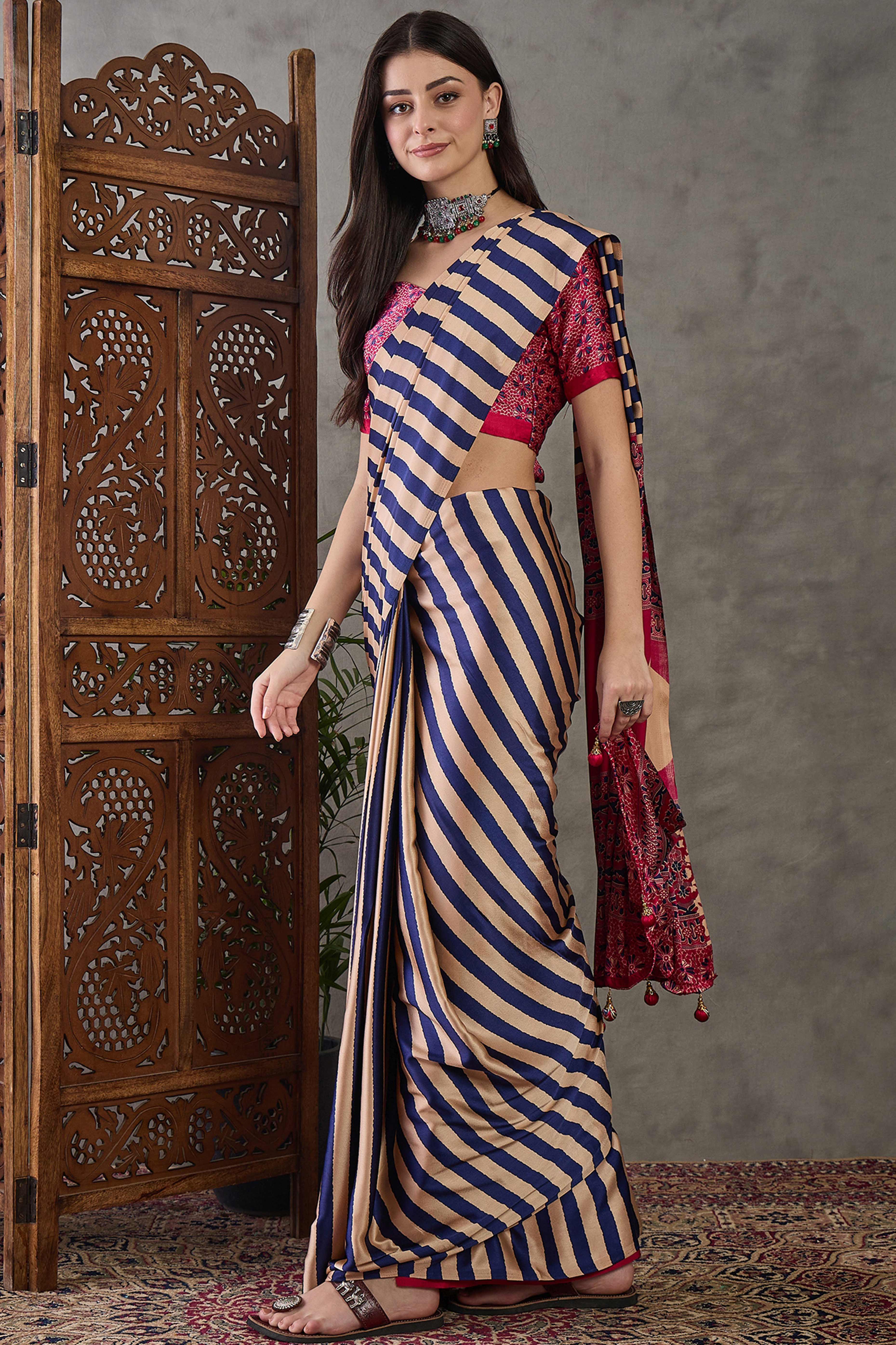Purple Modal Satin Saree with Stripe Design and Ajrakh Print on Pallu - Image 4