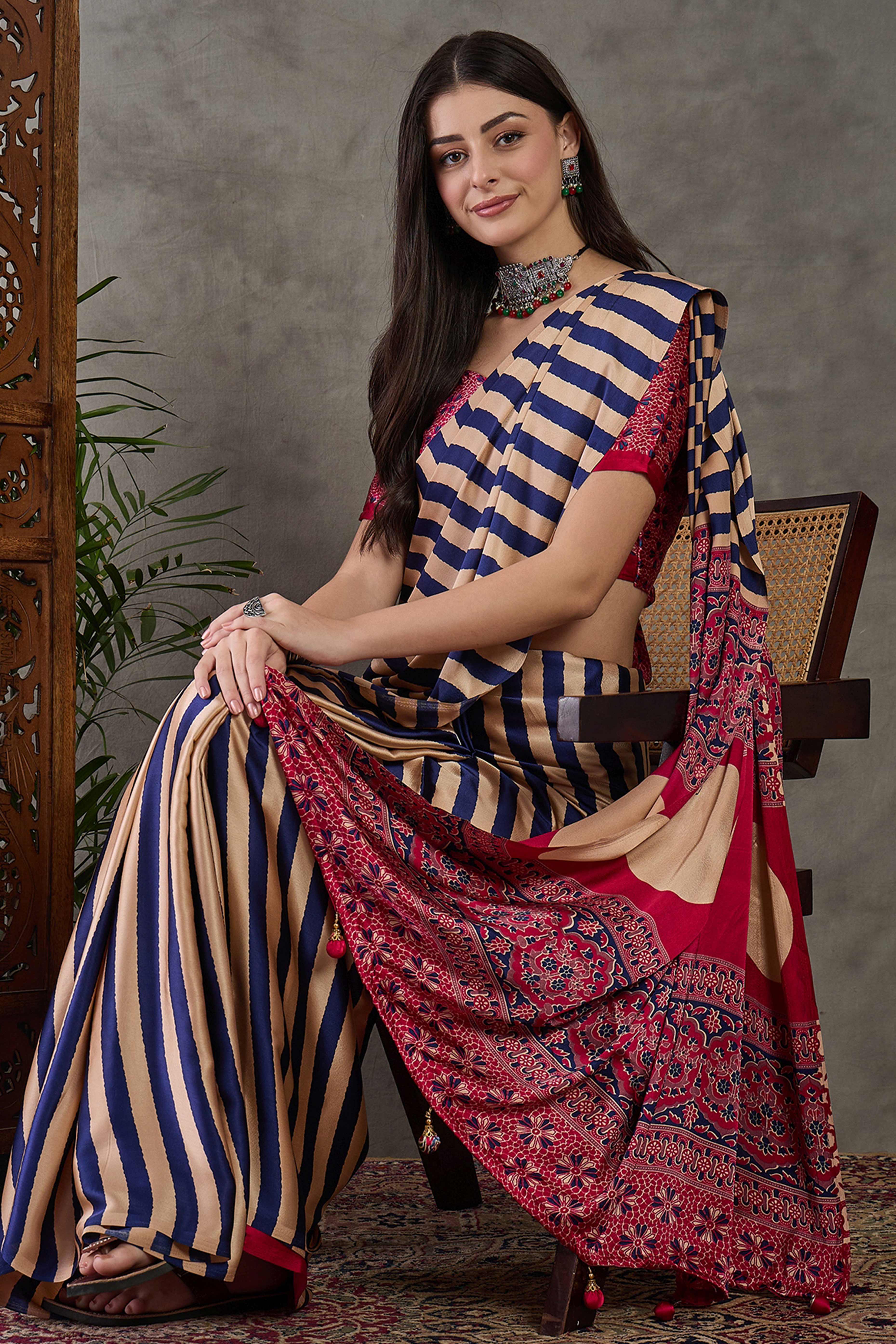 Purple Modal Satin Saree with Stripe Design and Ajrakh Print on Pallu - Image 5