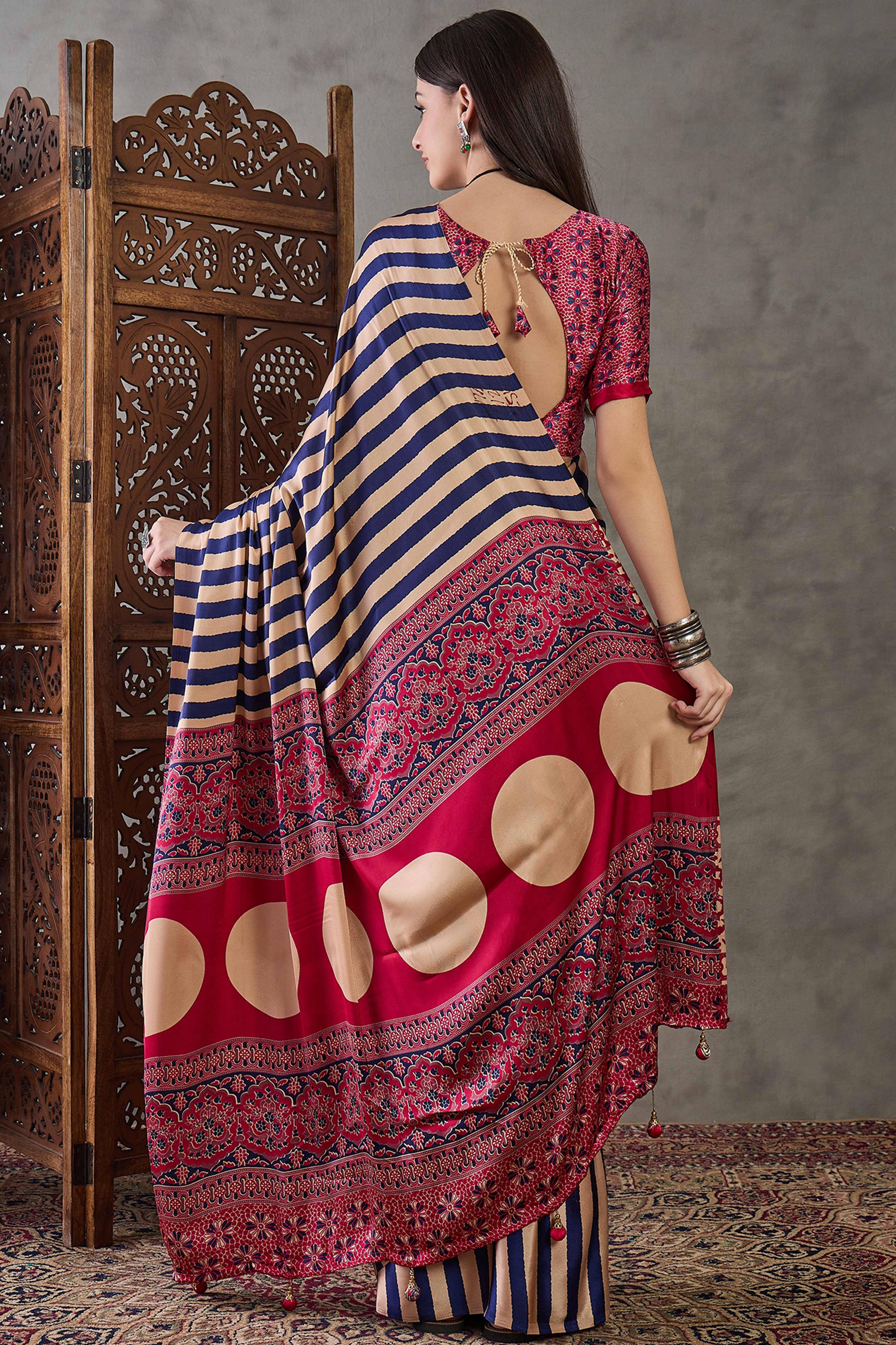 Purple Modal Satin Saree with Stripe Design and Ajrakh Print on Pallu - Image 6