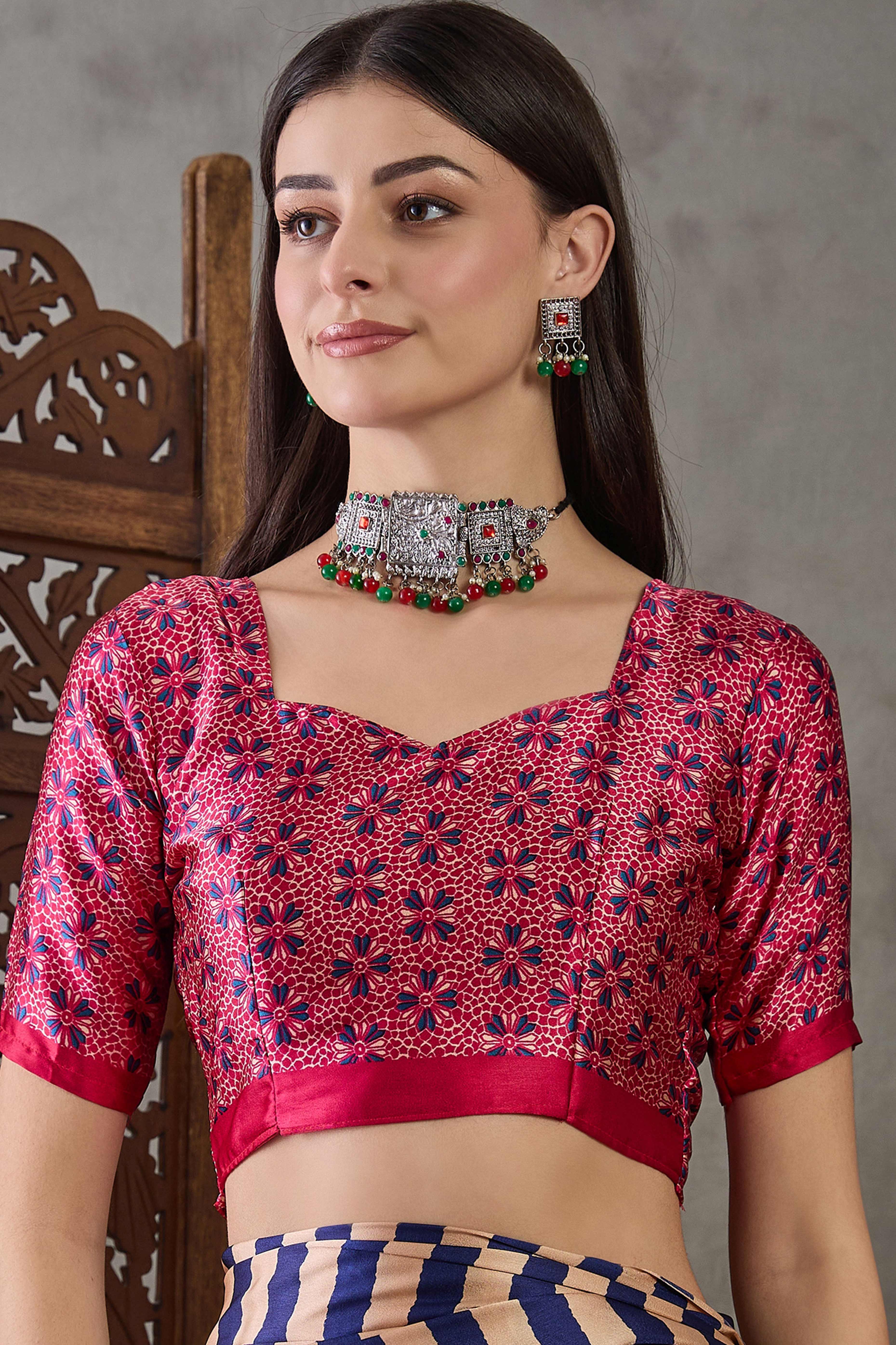 Purple Modal Satin Saree with Stripe Design and Ajrakh Print on Pallu - Image 7