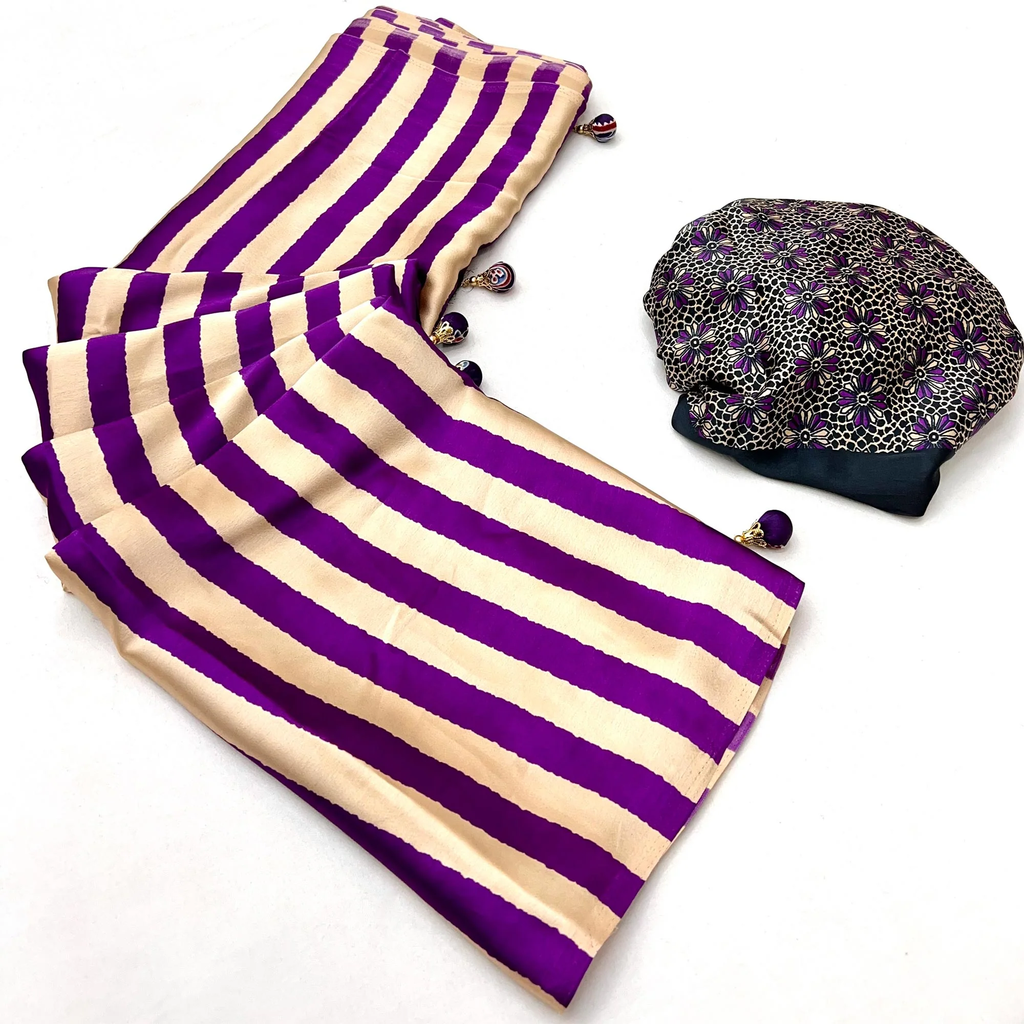 Purple Modal Satin Saree with Subtle Stripe Design and Ajrakh Print on Pallu - Image 10