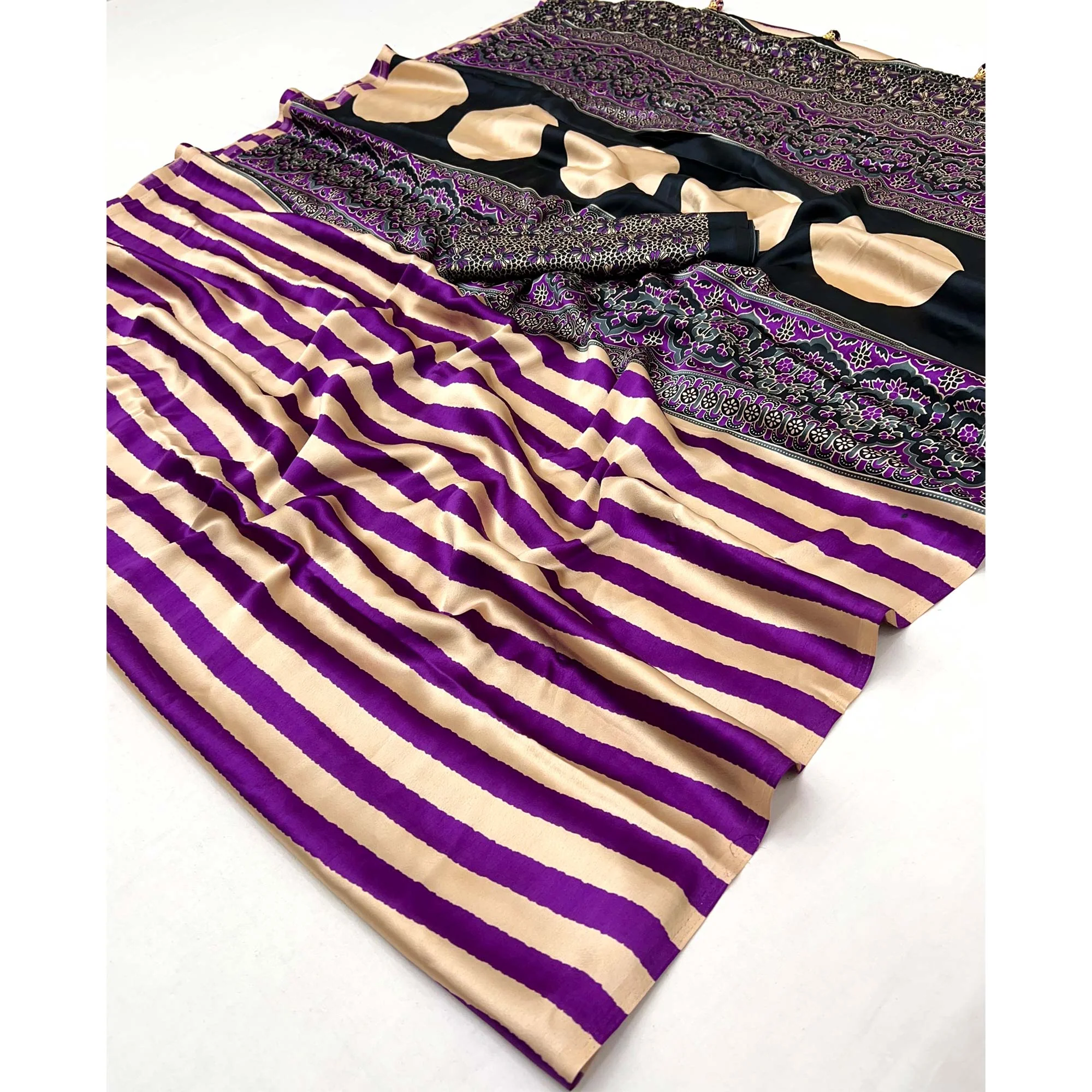 Purple Modal Satin Saree with Subtle Stripe Design and Ajrakh Print on Pallu - Image 11