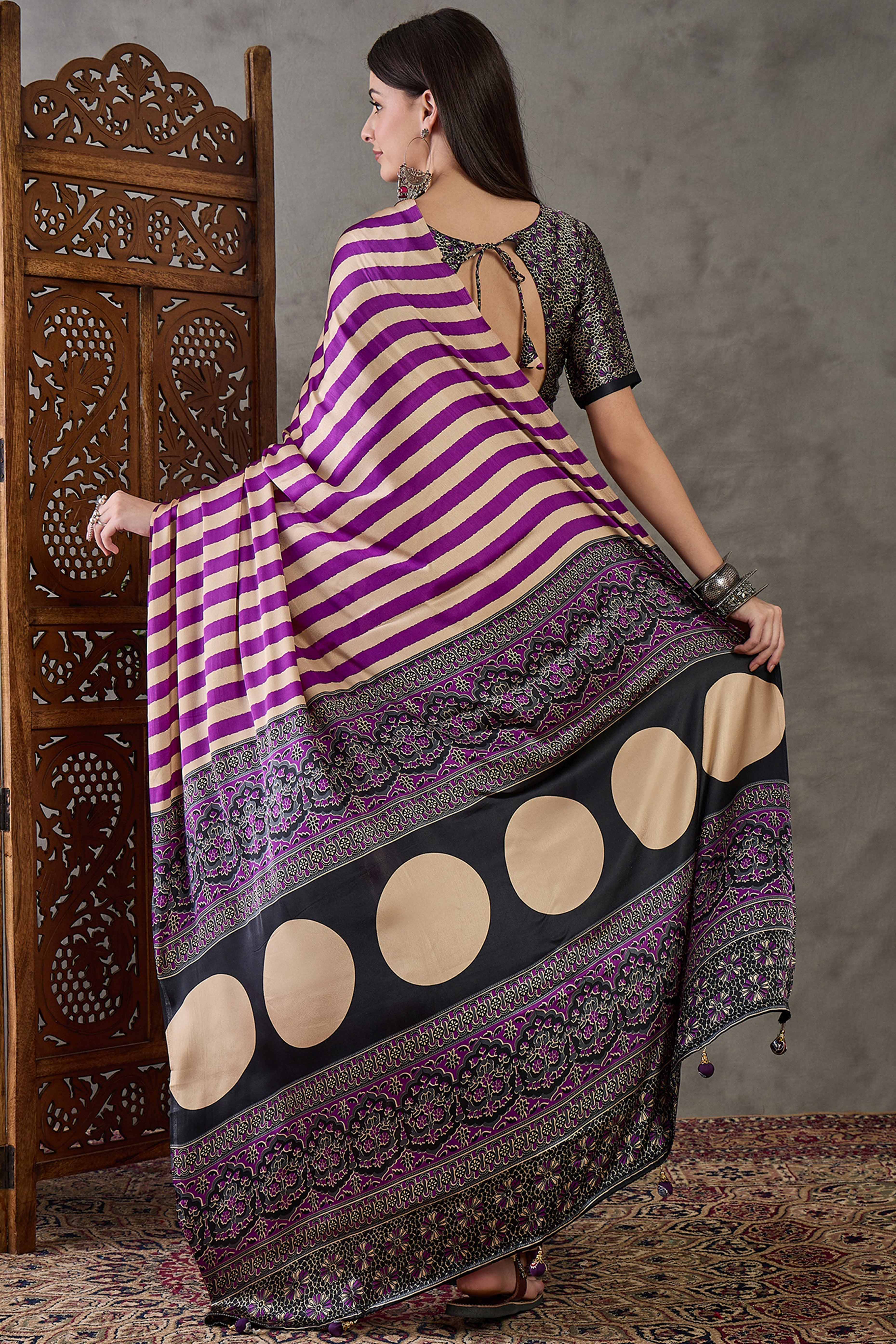 Purple Modal Satin Saree with Subtle Stripe Design and Ajrakh Print on Pallu - Image 5