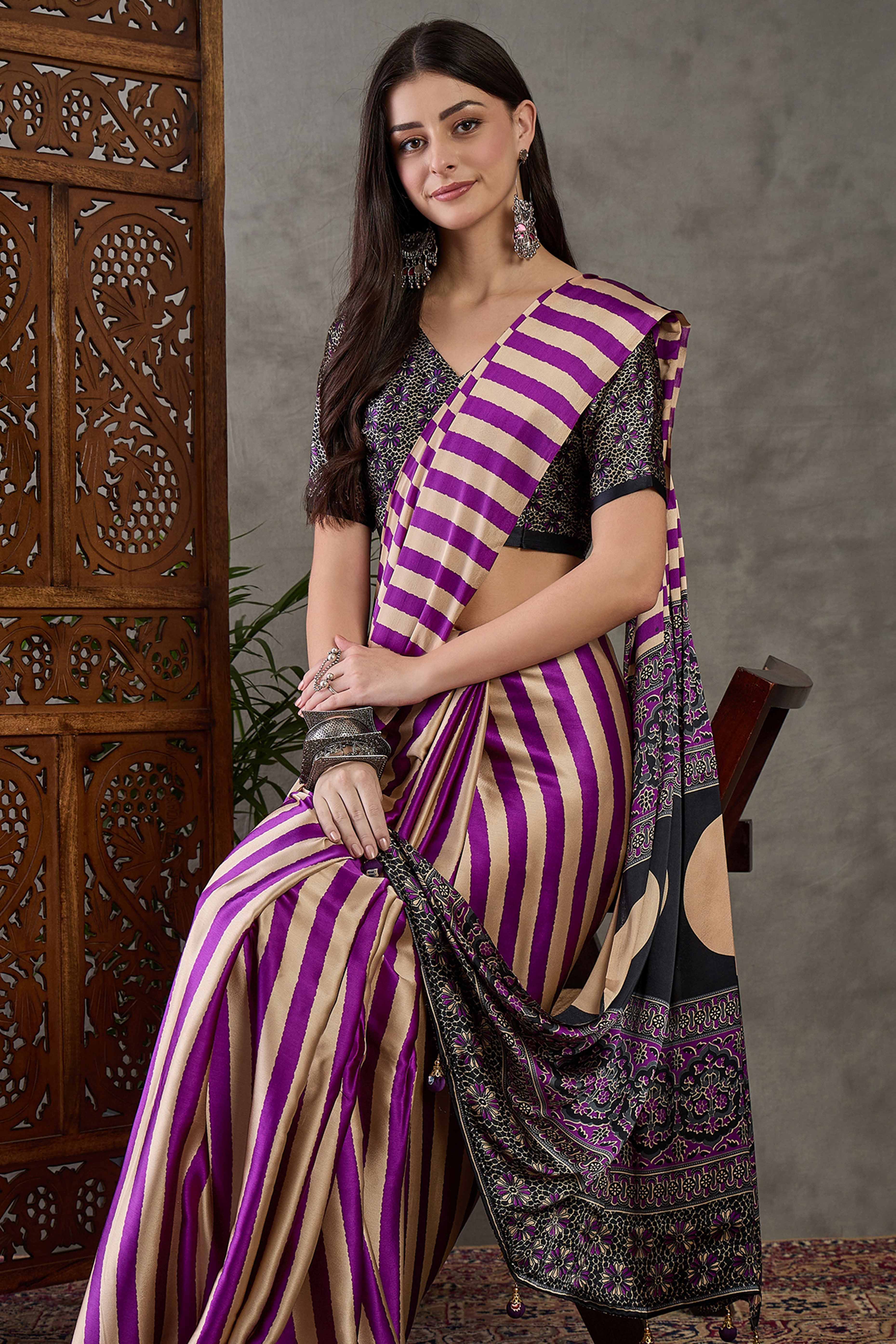Purple Modal Satin Saree with Subtle Stripe Design and Ajrakh Print on Pallu - Image 6