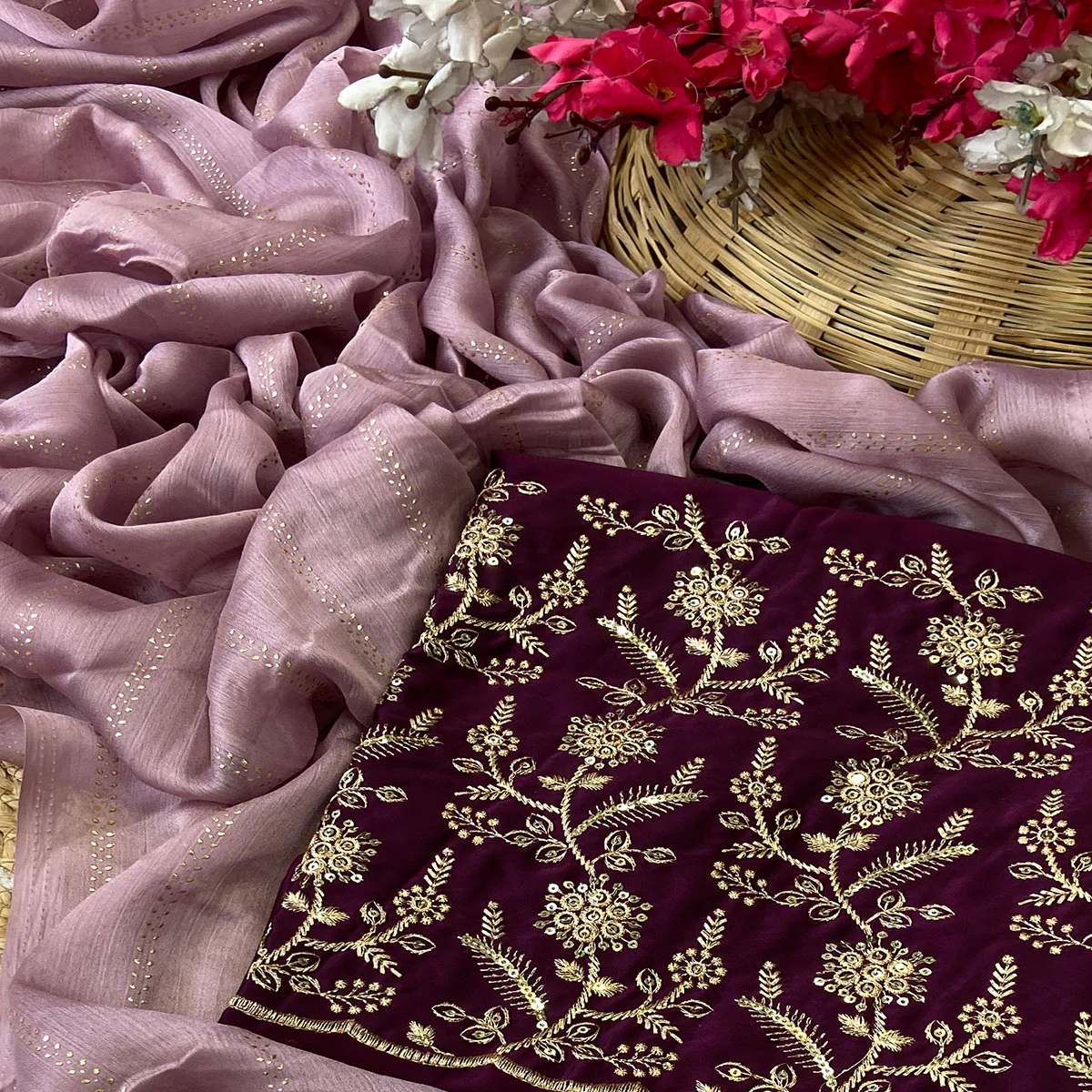 Purple Moss Chiffon Drape with Modern Foil Print Touch - Image 2