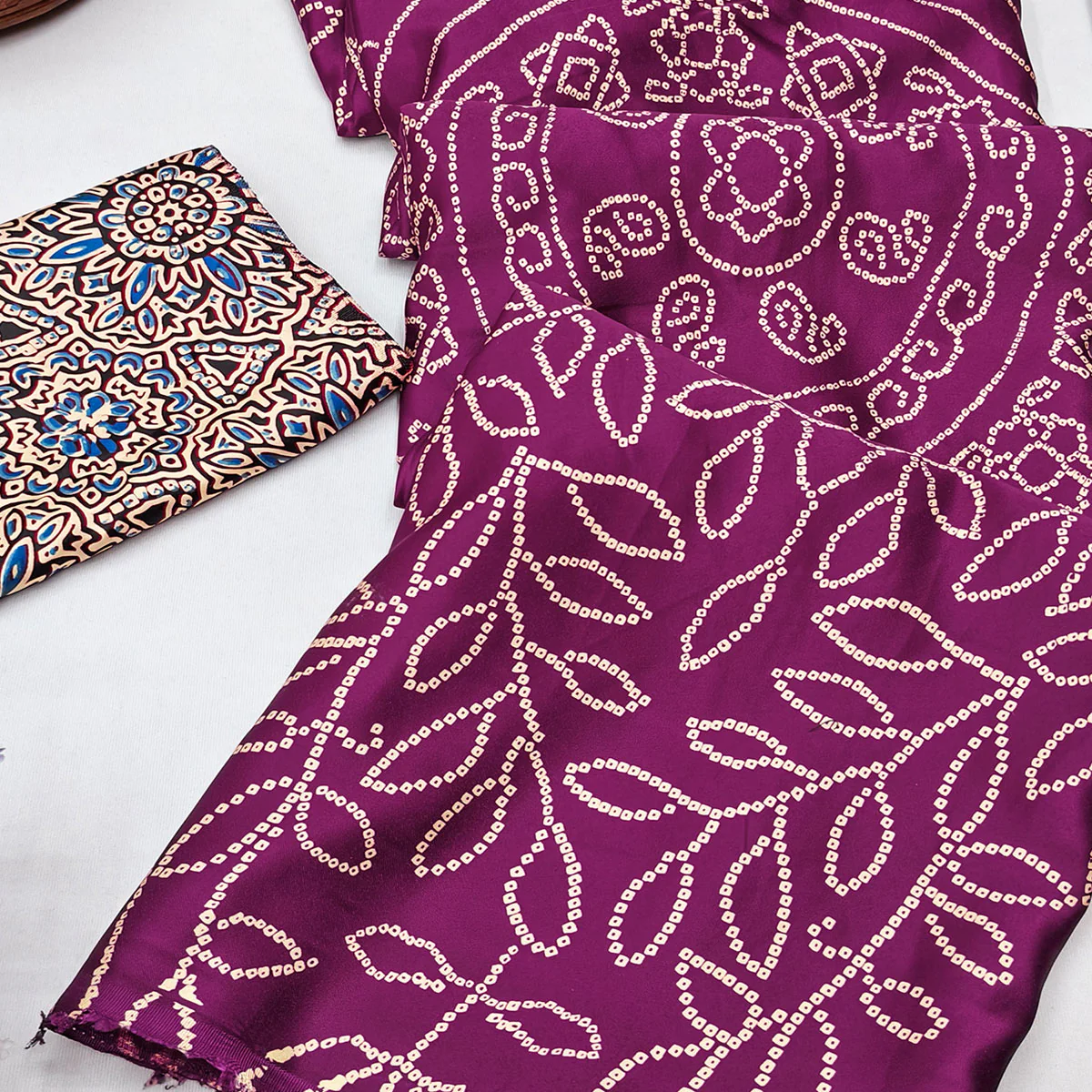 Purple Moss Satin Silk Saree Featuring Bandhani Print & Ajrakh Pallu Work - Image 2