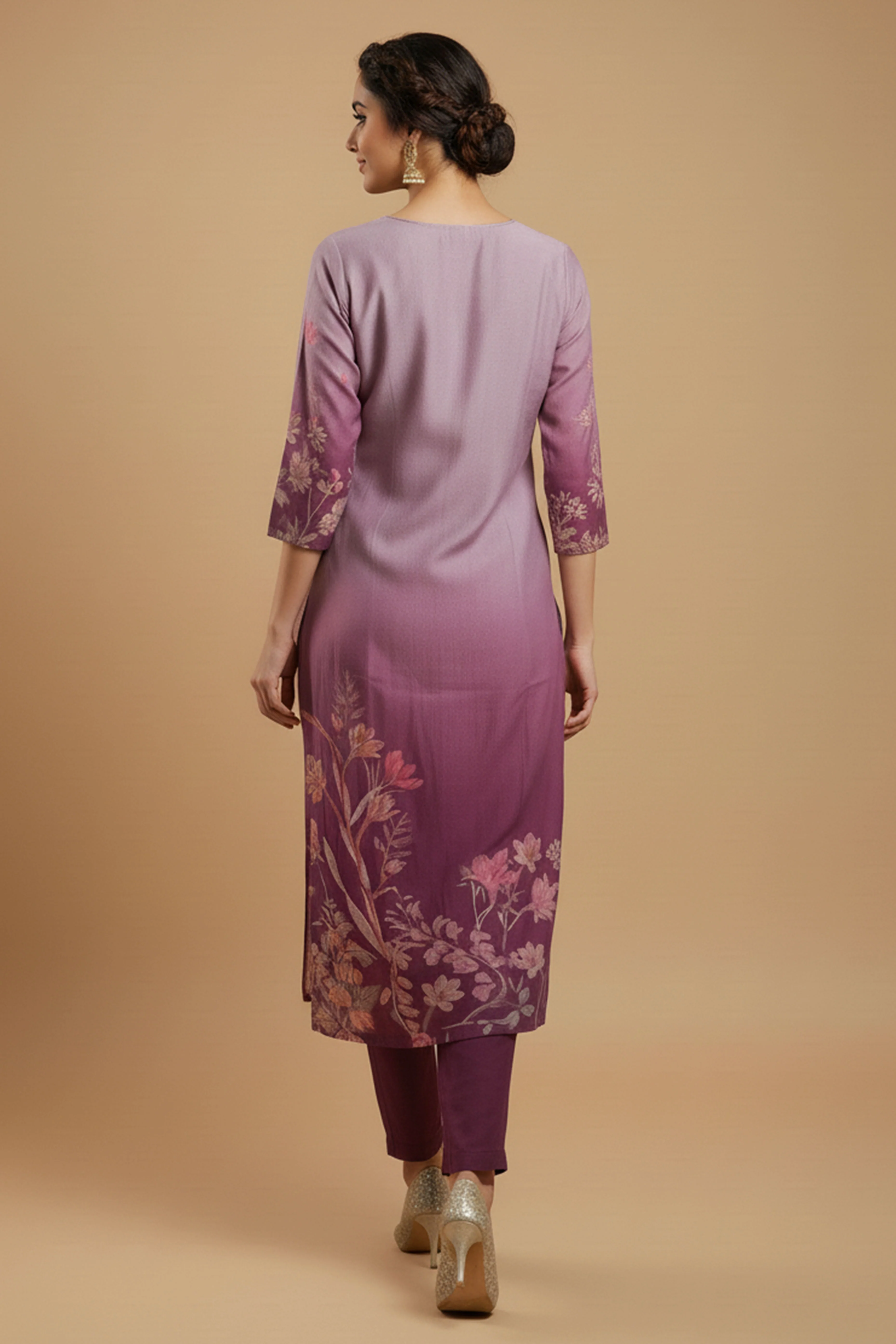 Purple Chanderi Silk Straight Cut Suit Featuring Handcrafted Embroidery & Floral Prints - Image 3