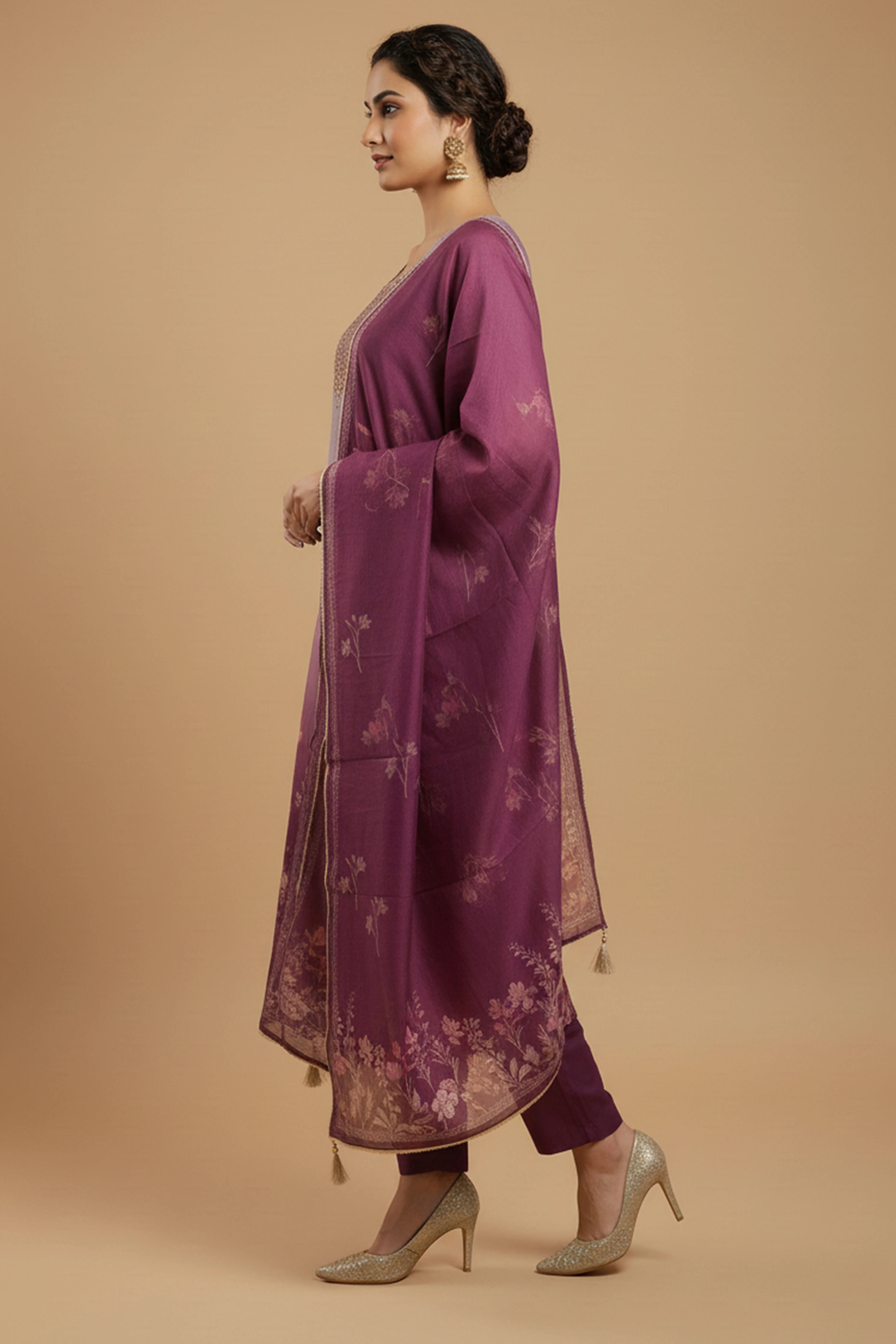 Purple Chanderi Silk Straight Cut Suit Featuring Handcrafted Embroidery & Floral Prints - Image 4