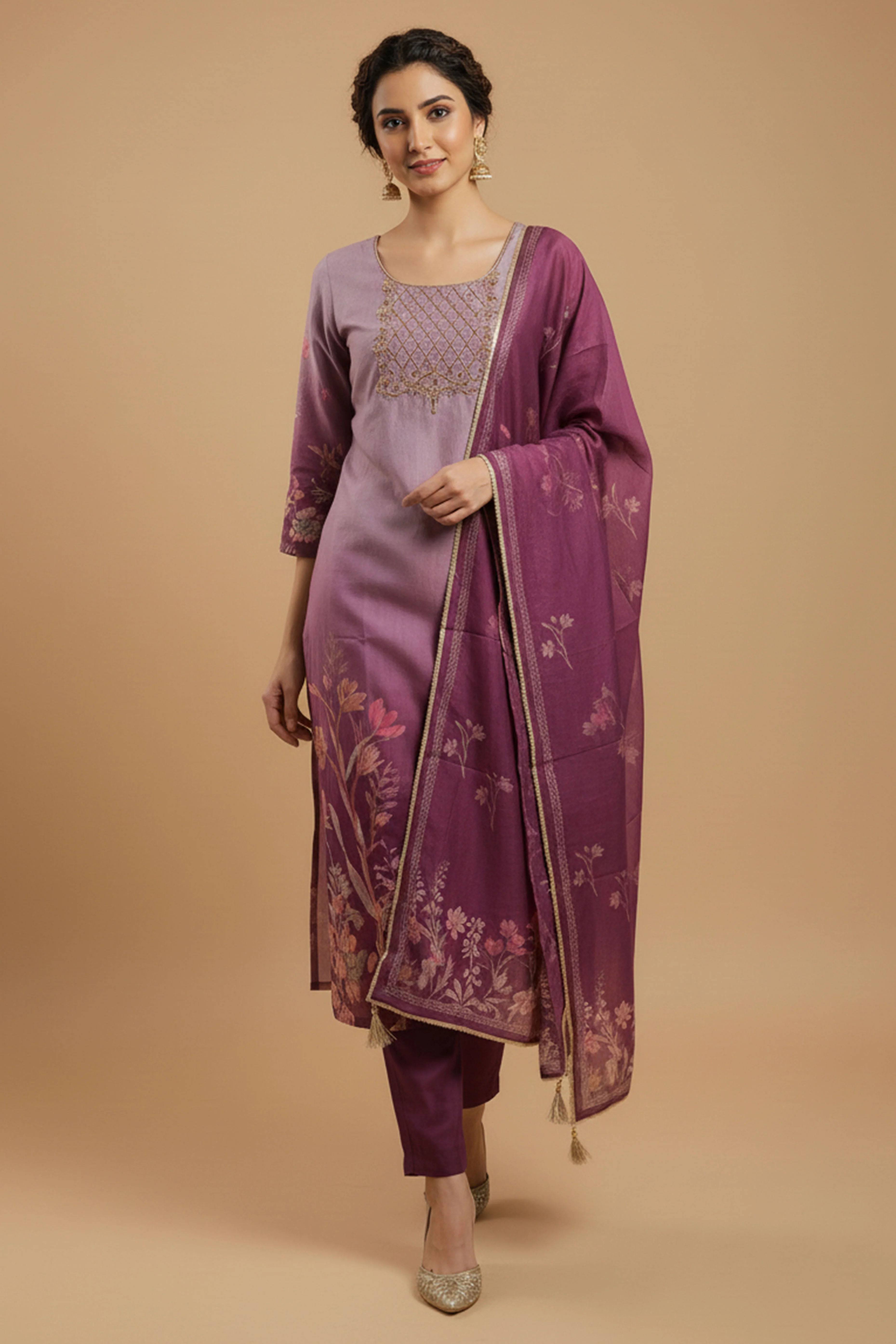 Purple Chanderi Silk Straight Cut Suit Featuring Handcrafted Embroidery & Floral Prints - Image 5