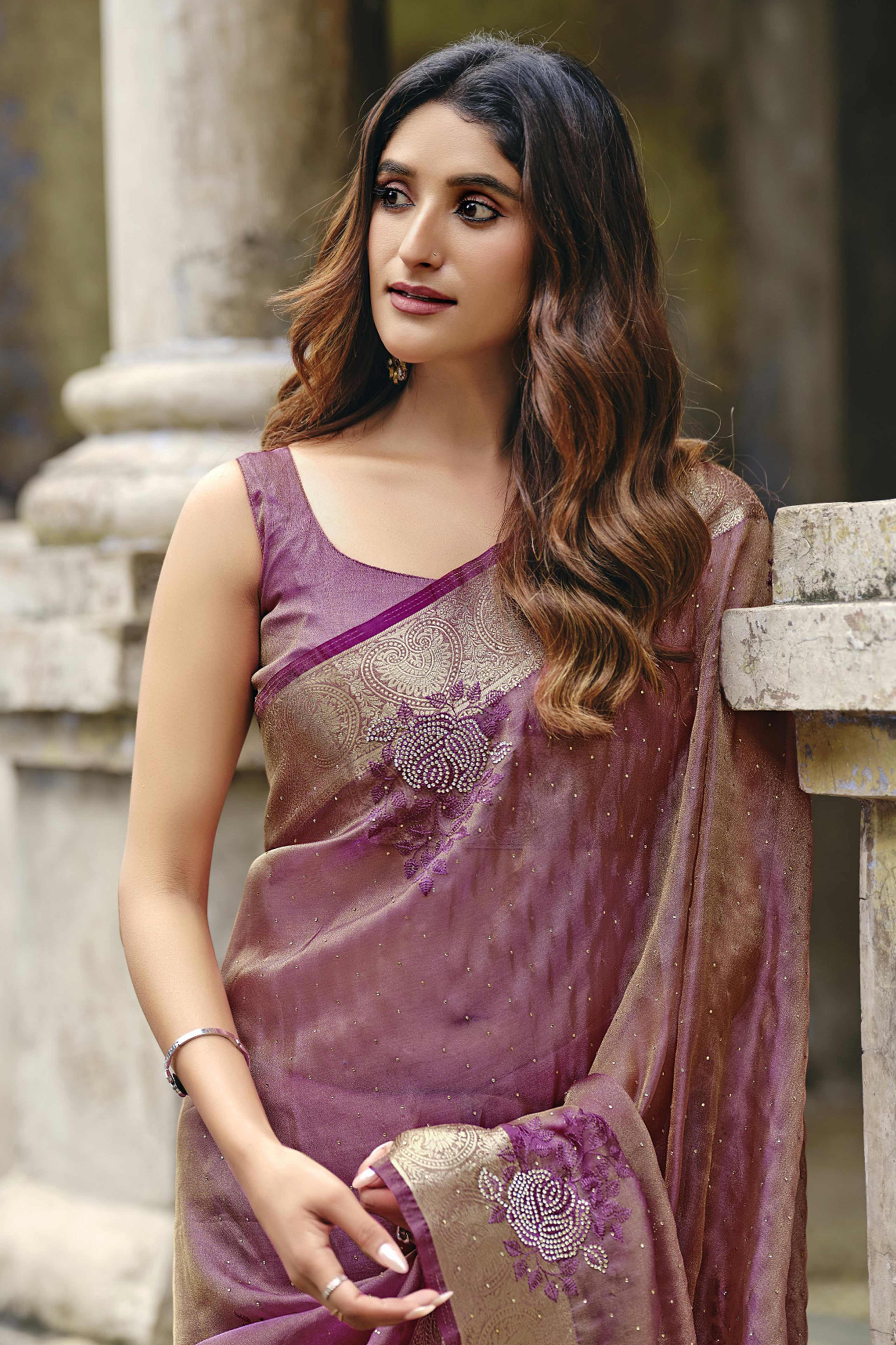 Purple Nylon Saree Highlighted with Sparkling Stone Embroidery for Party & Festive Styling - Image 3