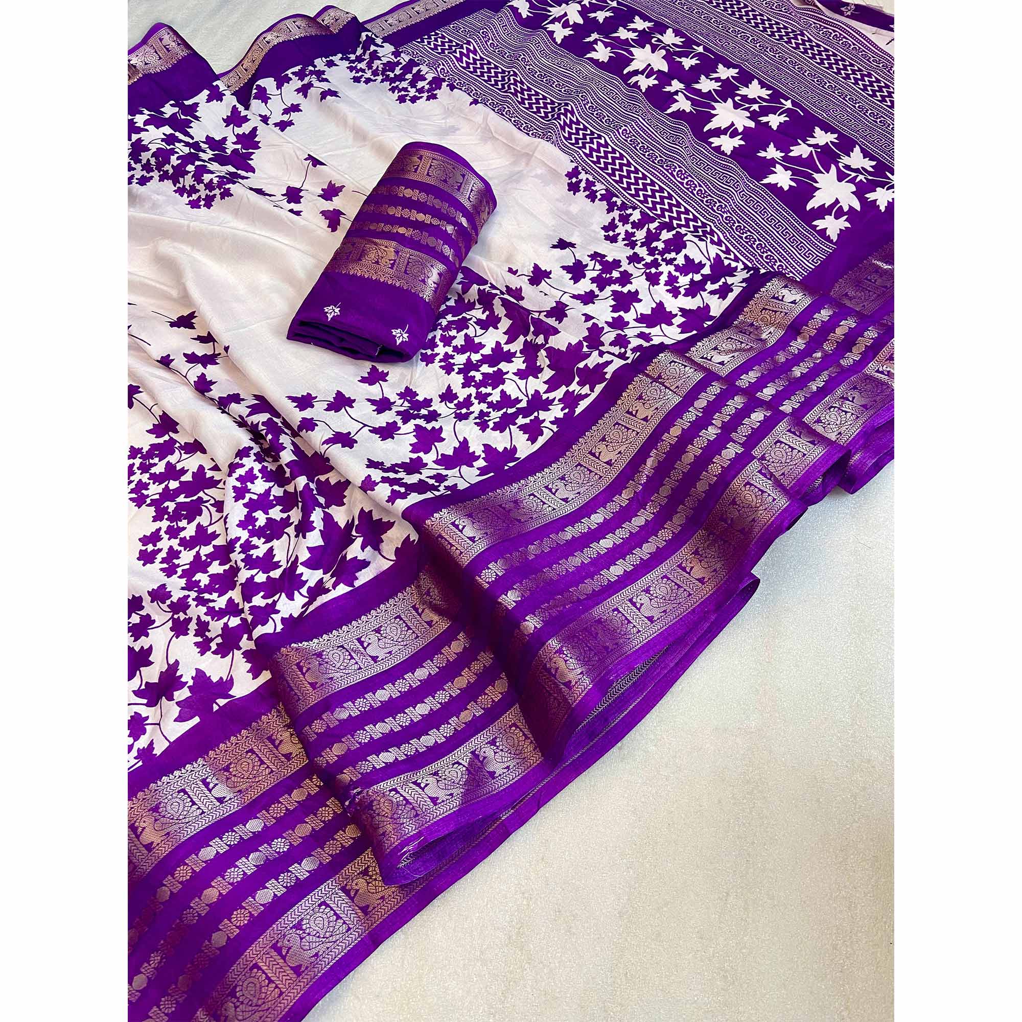 Purple & Offwhite Floral Printed Dola Silk Saree With Zari Border - Image 7