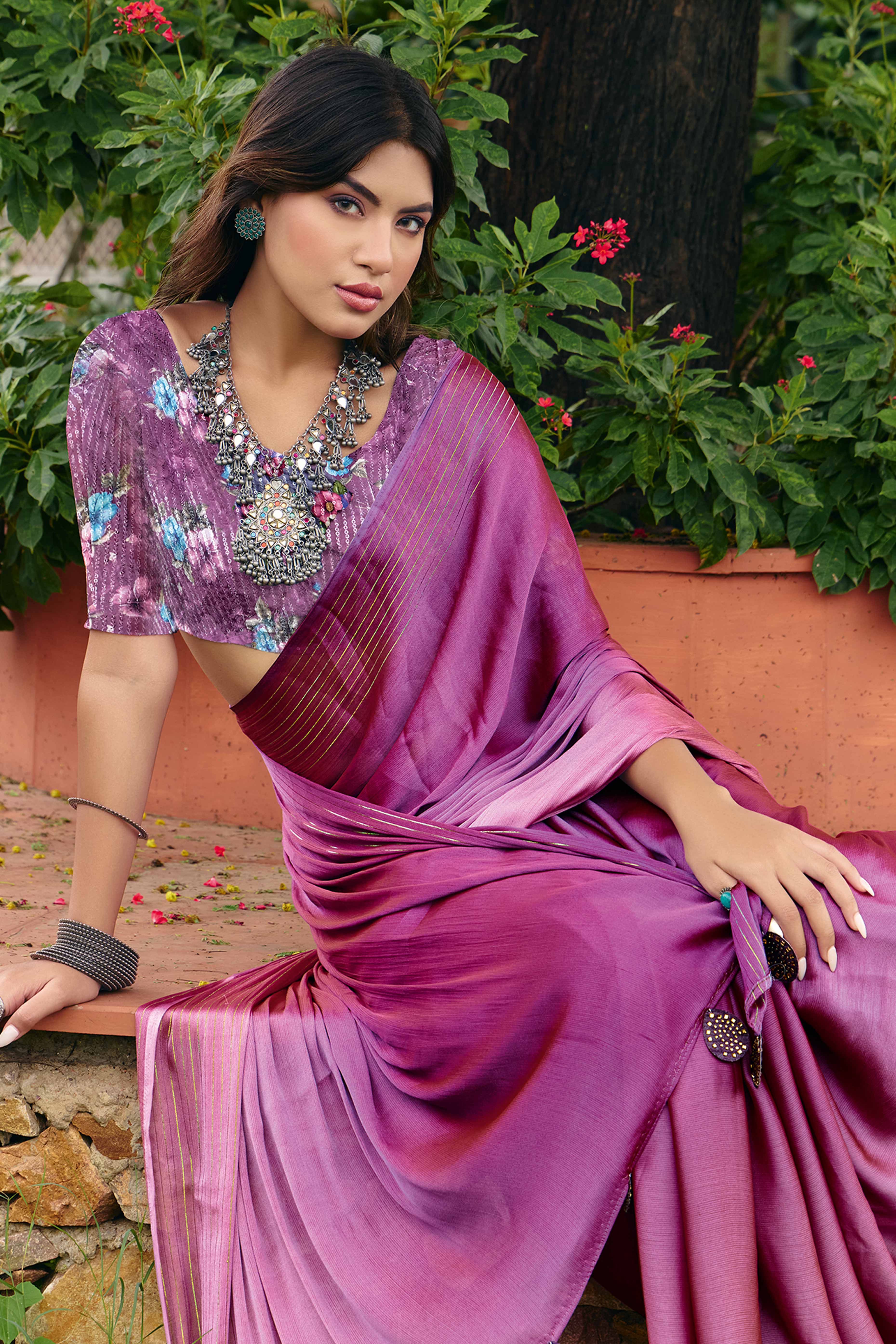 Purple Ombre Chiffon Saree Embellished with Golden Zari - Image 3