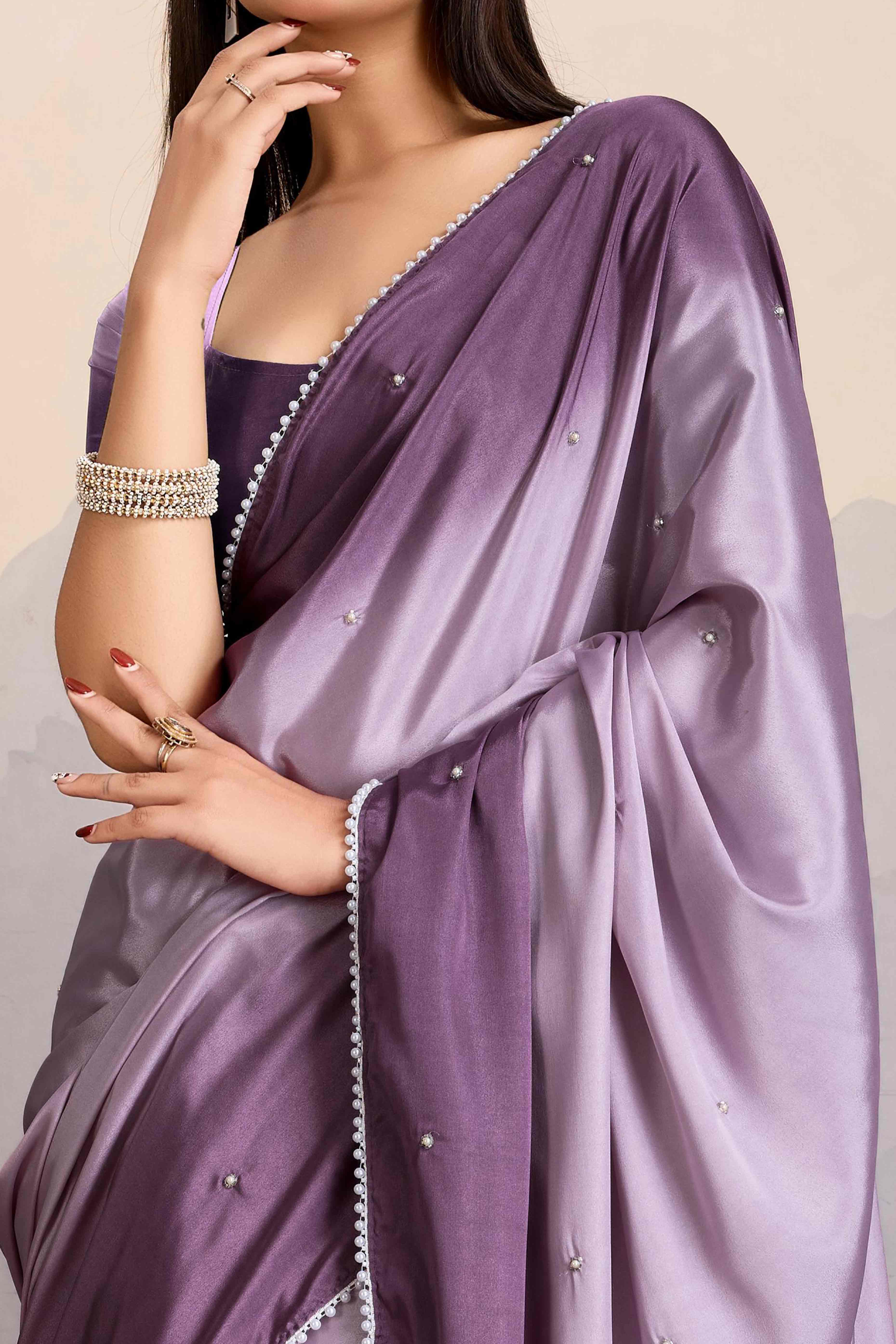 Purple Ombre Satin Saree with Delicate Bead Embellishments - Image 2