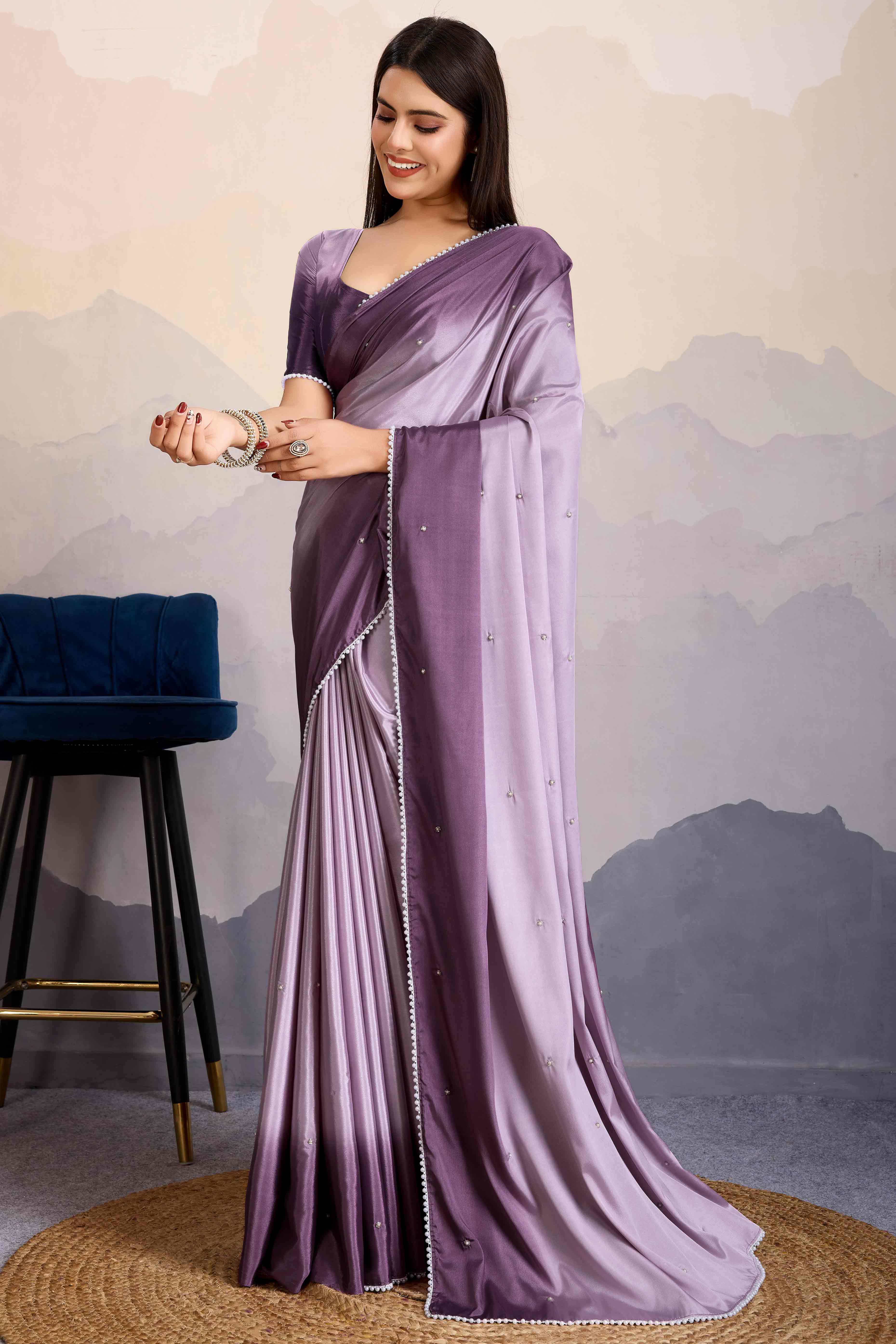 Purple Ombre Satin Saree with Delicate Bead Embellishments - Image 3