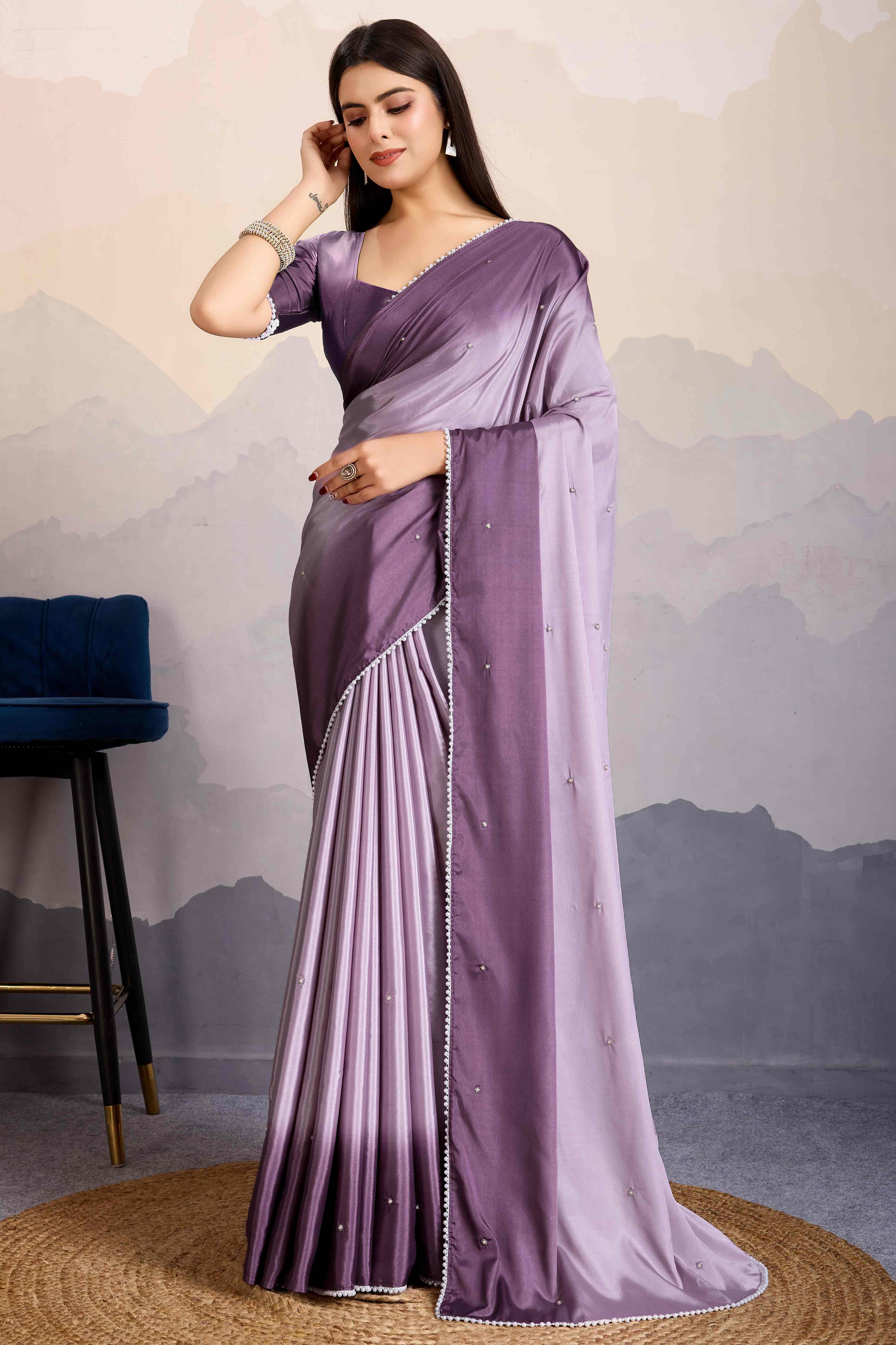 Purple Ombre Satin Saree with Delicate Bead Embellishments - Image 4
