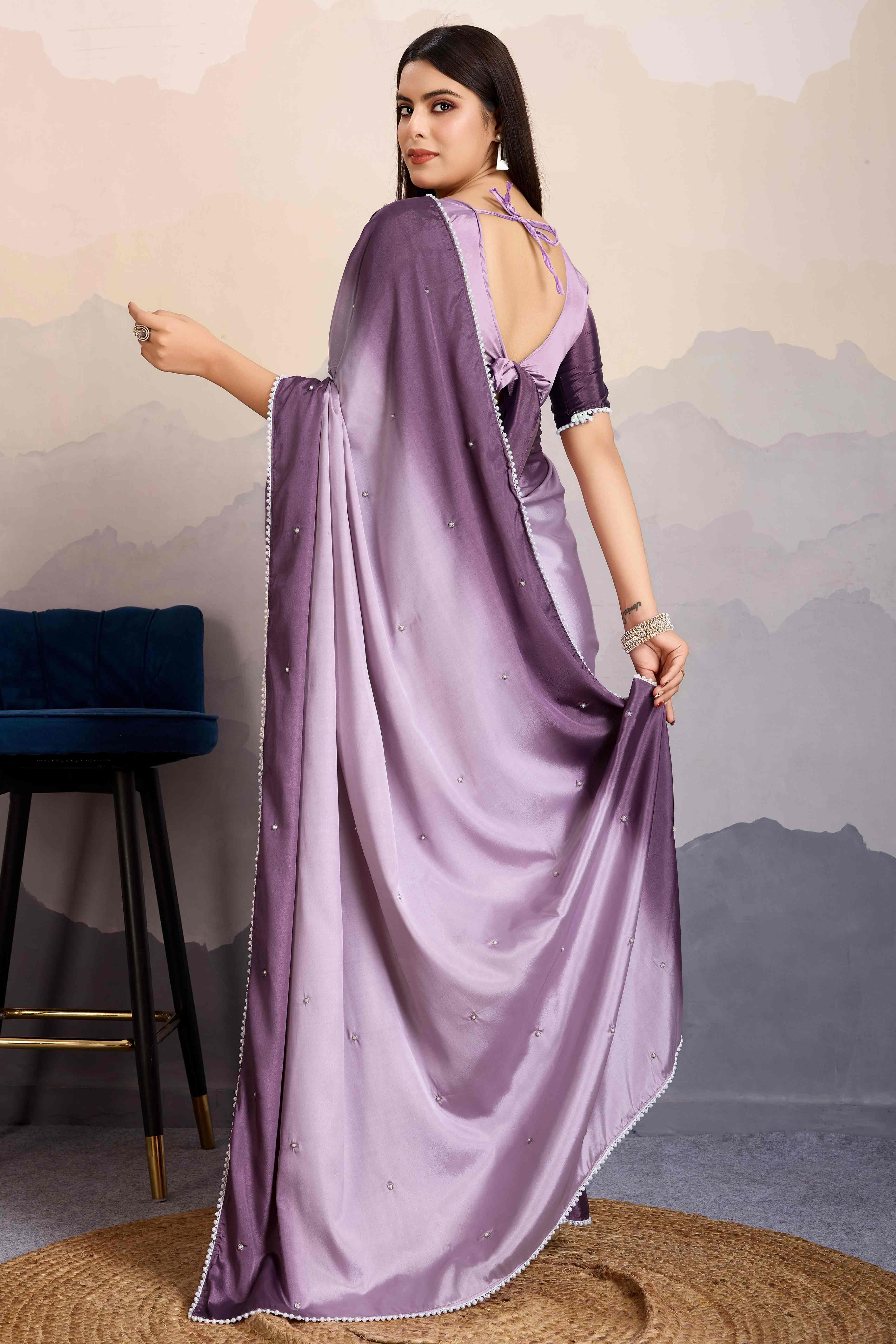 Purple Ombre Satin Saree with Delicate Bead Embellishments - Image 5