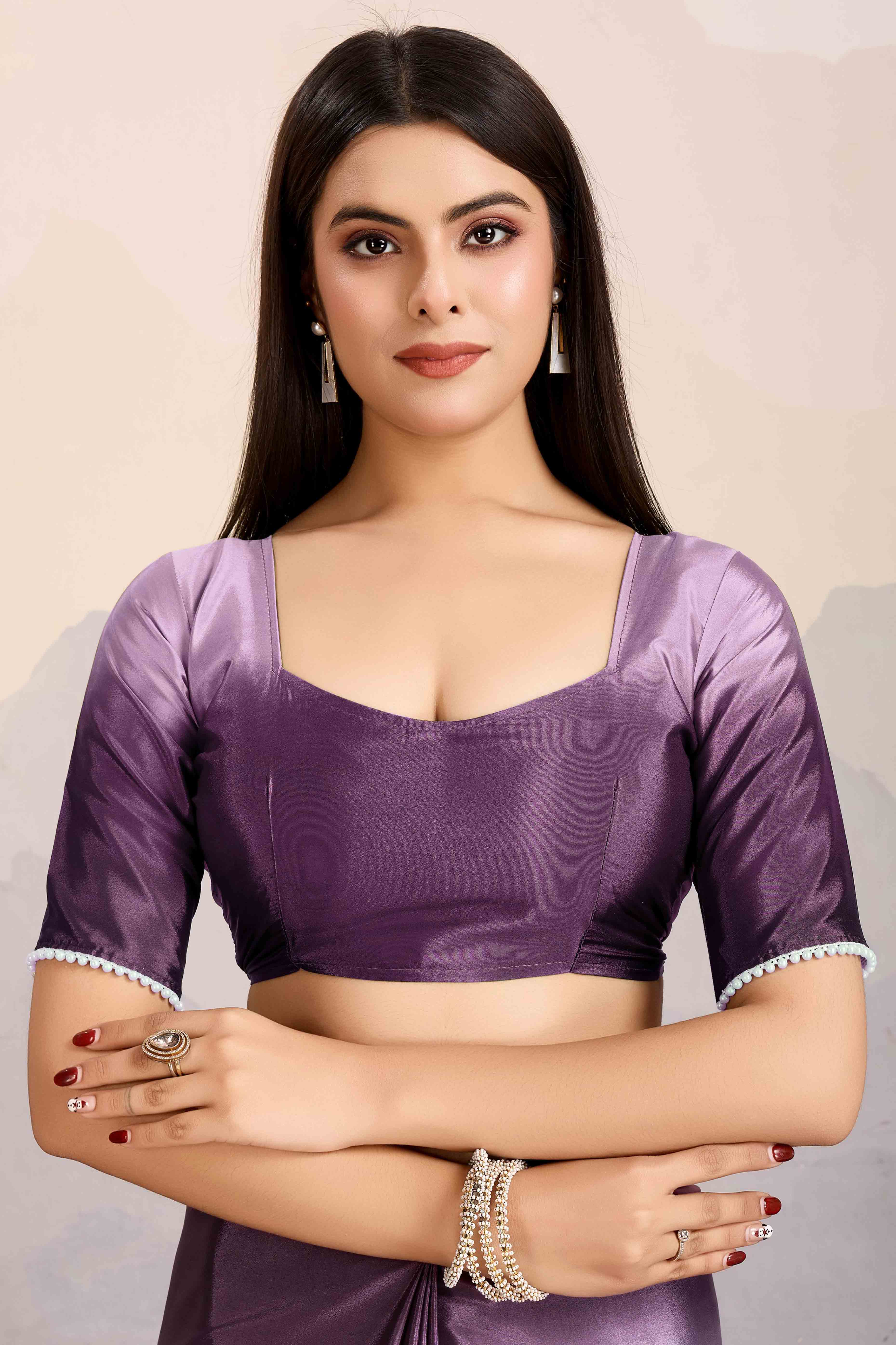 Purple Ombre Satin Saree with Delicate Bead Embellishments - Image 7