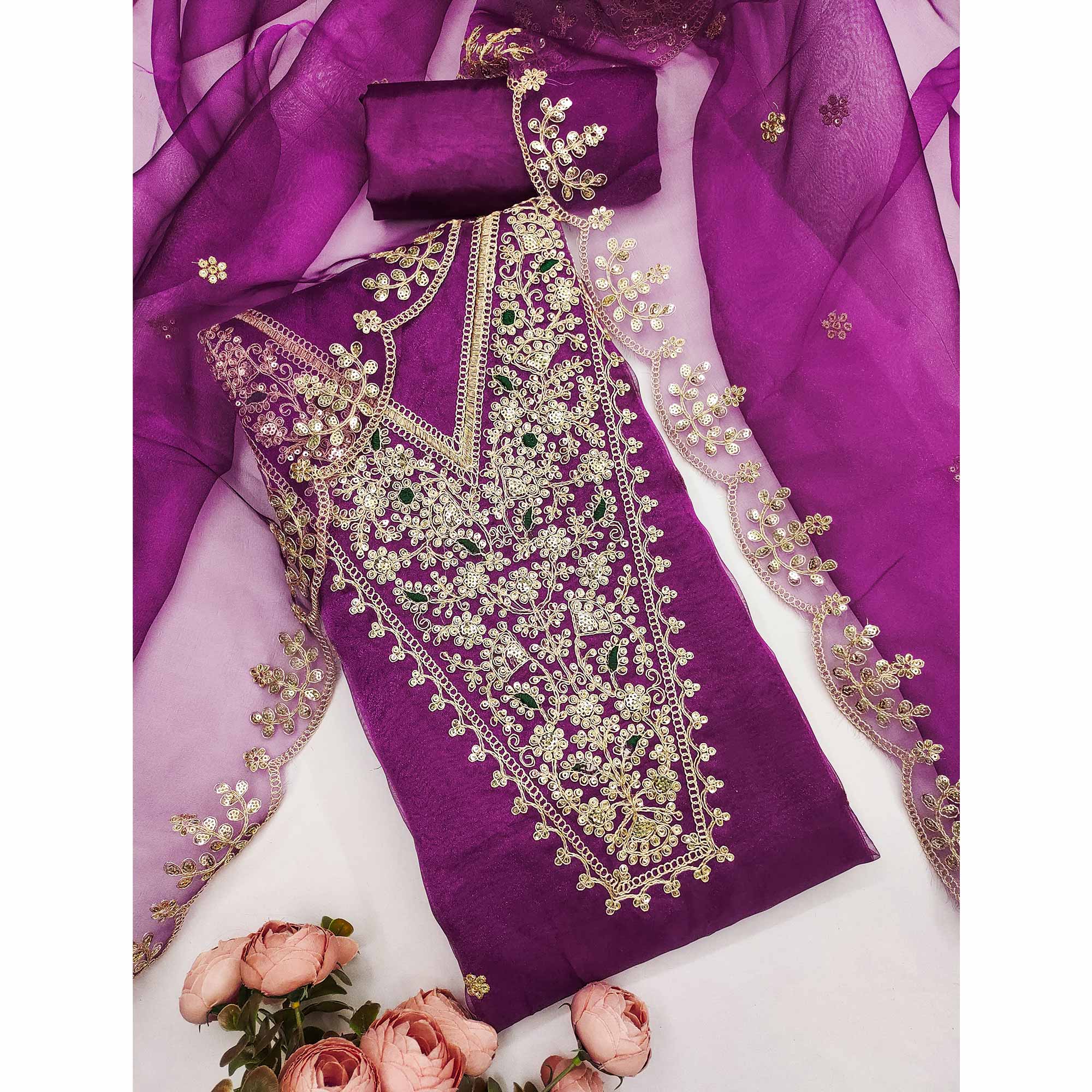 Purple Organza Fabric With Delicate Floral Cording Embroidery & Shimmering Sequins Work - Image 3