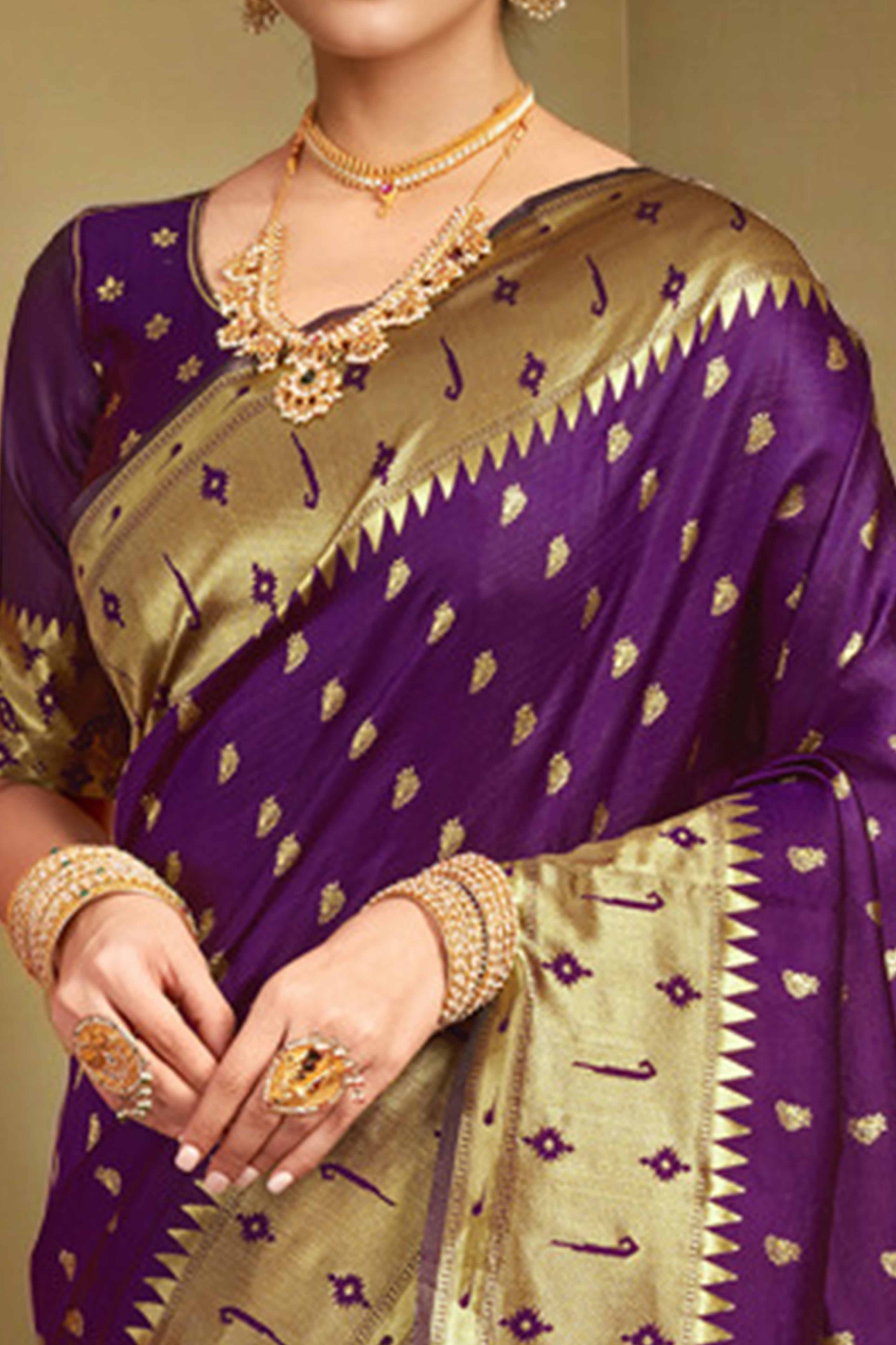 Purple Paithani Saree In Silk Blend Highlighted With Zari Woven Peacock & Floral Motifs - Image 2