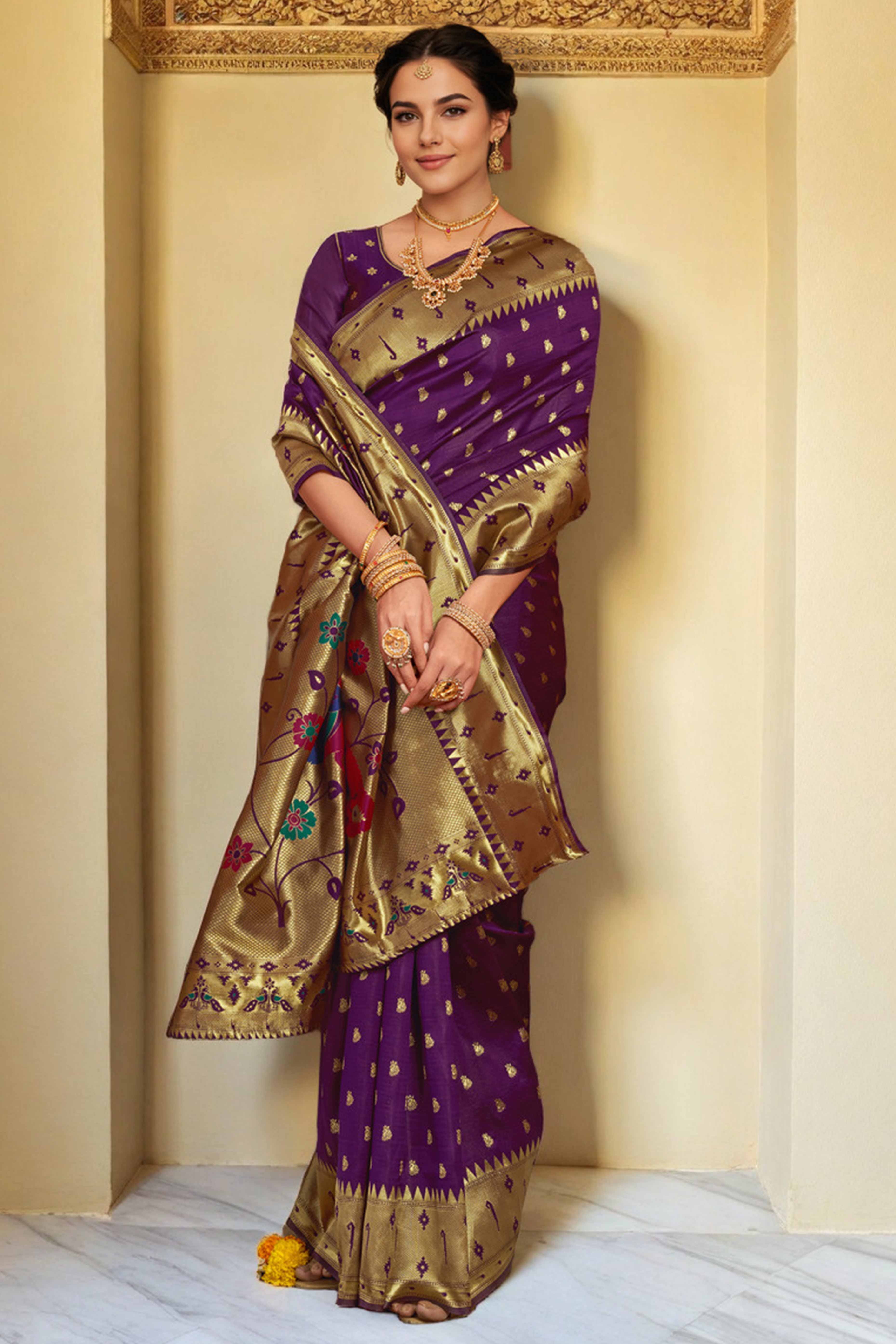 Purple Paithani Saree In Silk Blend Highlighted With Zari Woven Peacock & Floral Motifs - Image 4