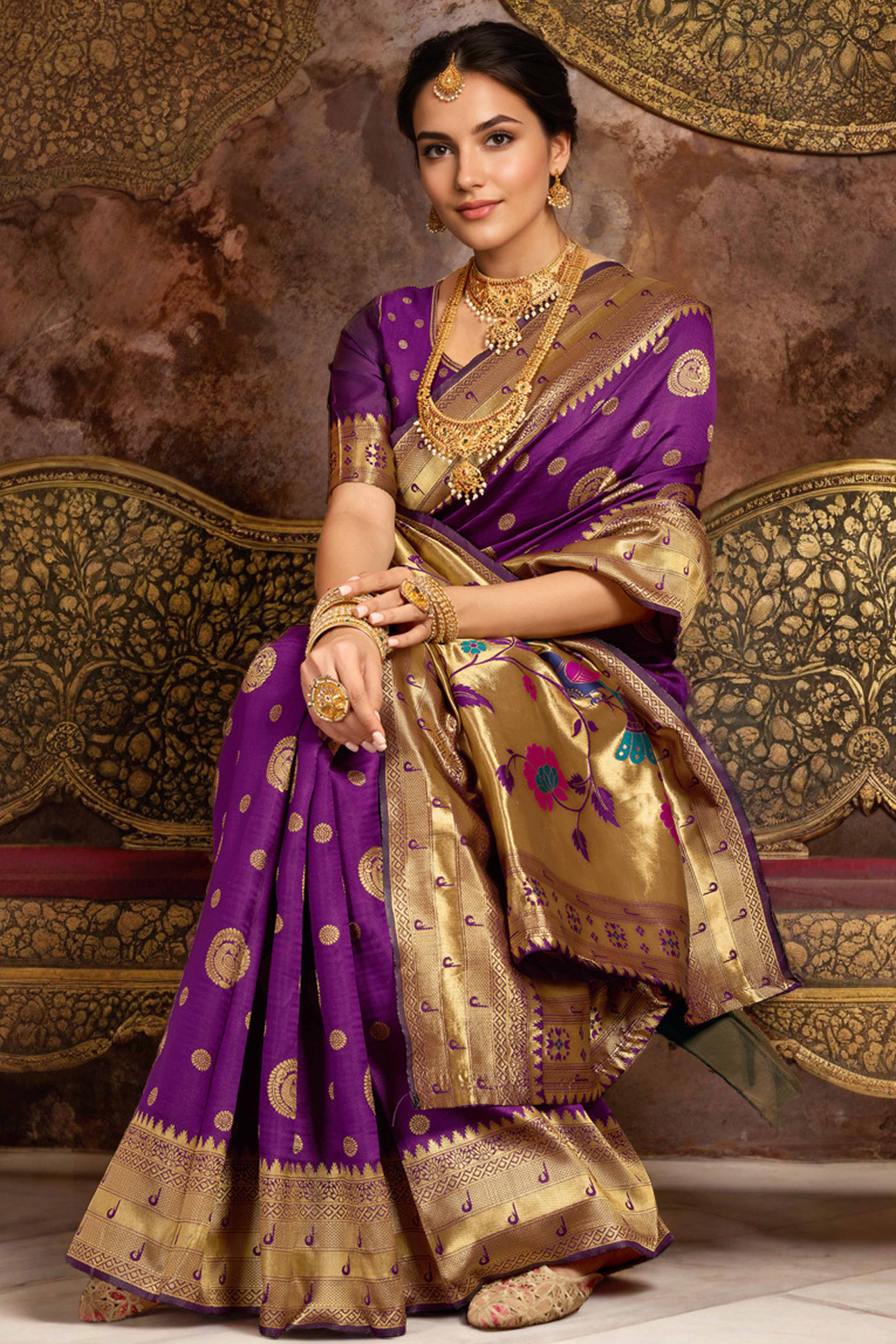 Purple Paithani Silk Blend Saree Embellished With Zari Peacock & Floral Woven Patterns - Image 5