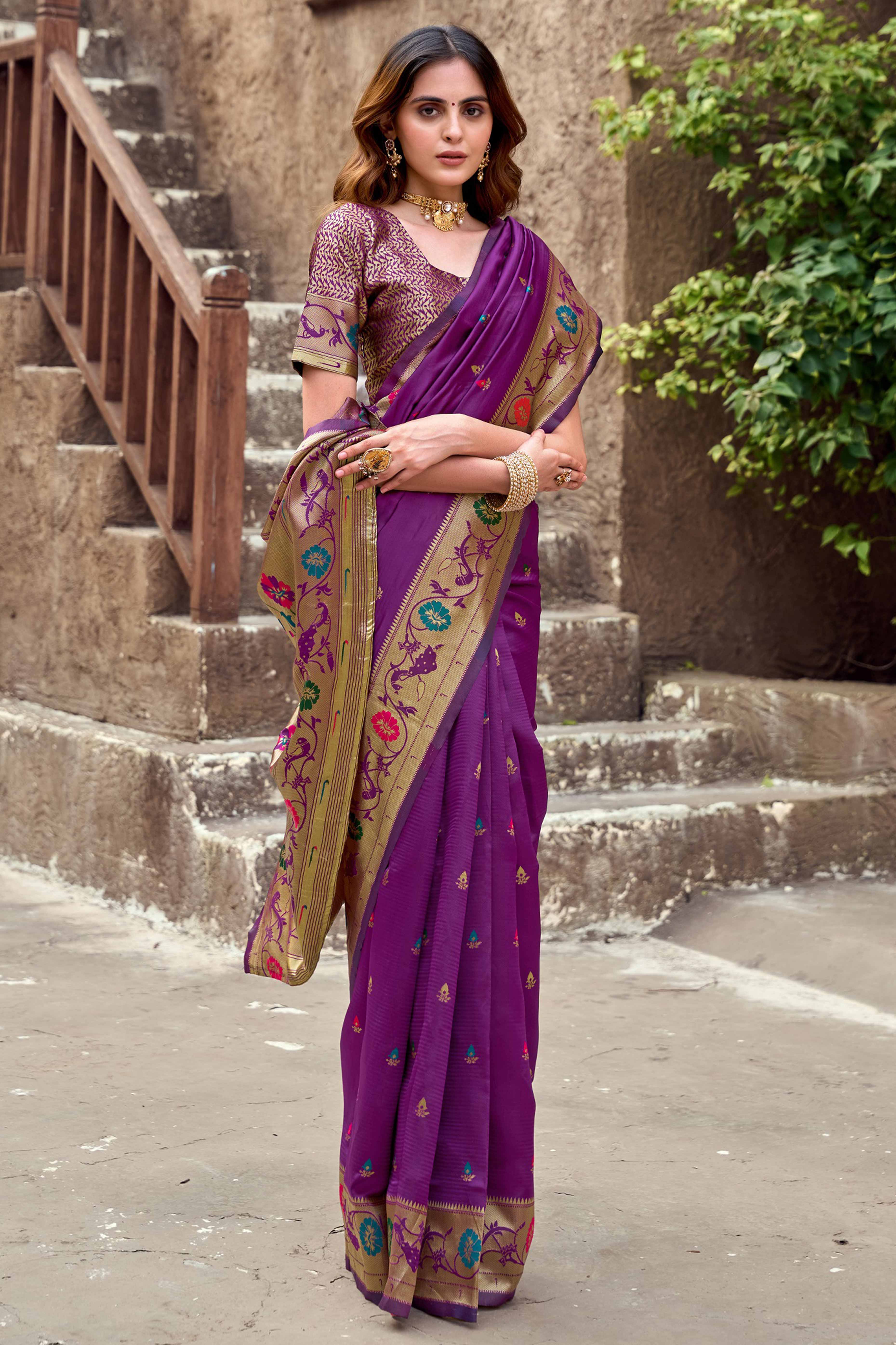 Purple Paithani Style Soft Silk Saree with Zari Weaving - Image 3