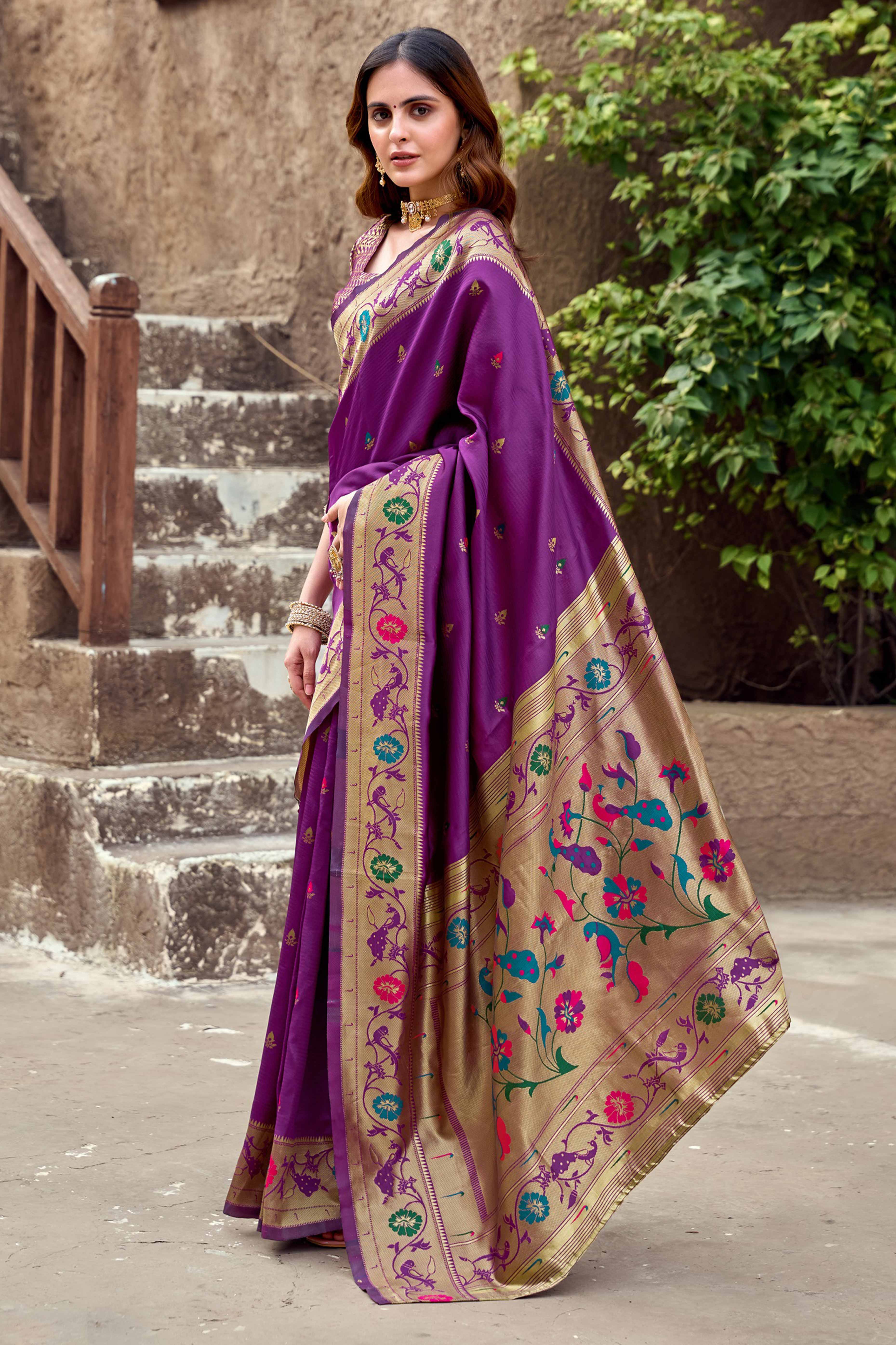 Purple Paithani Style Soft Silk Saree with Zari Weaving - Image 4