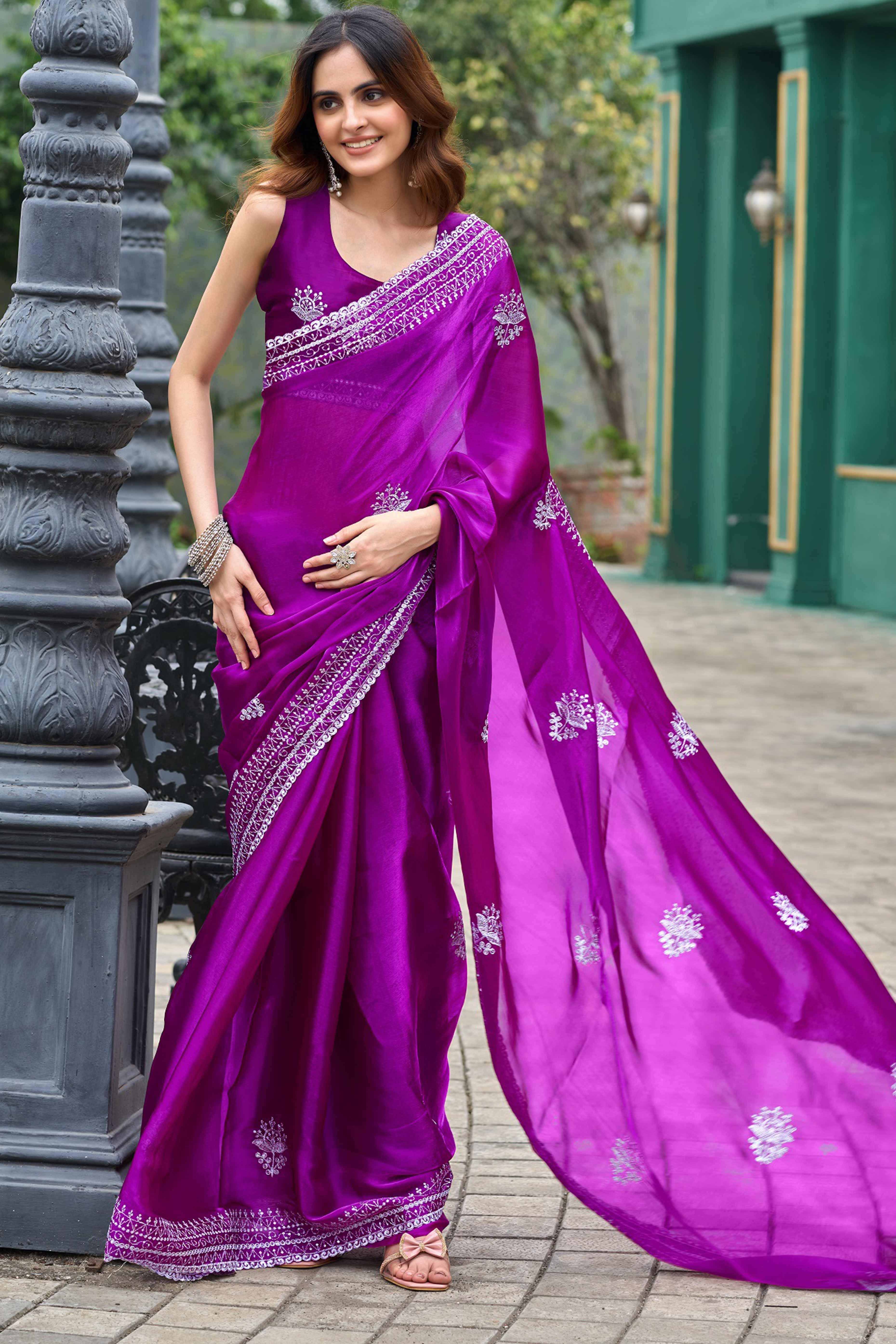 Purple Partywear Saree in Shimmer Chiffon with Sequins Embroidery - Image 3