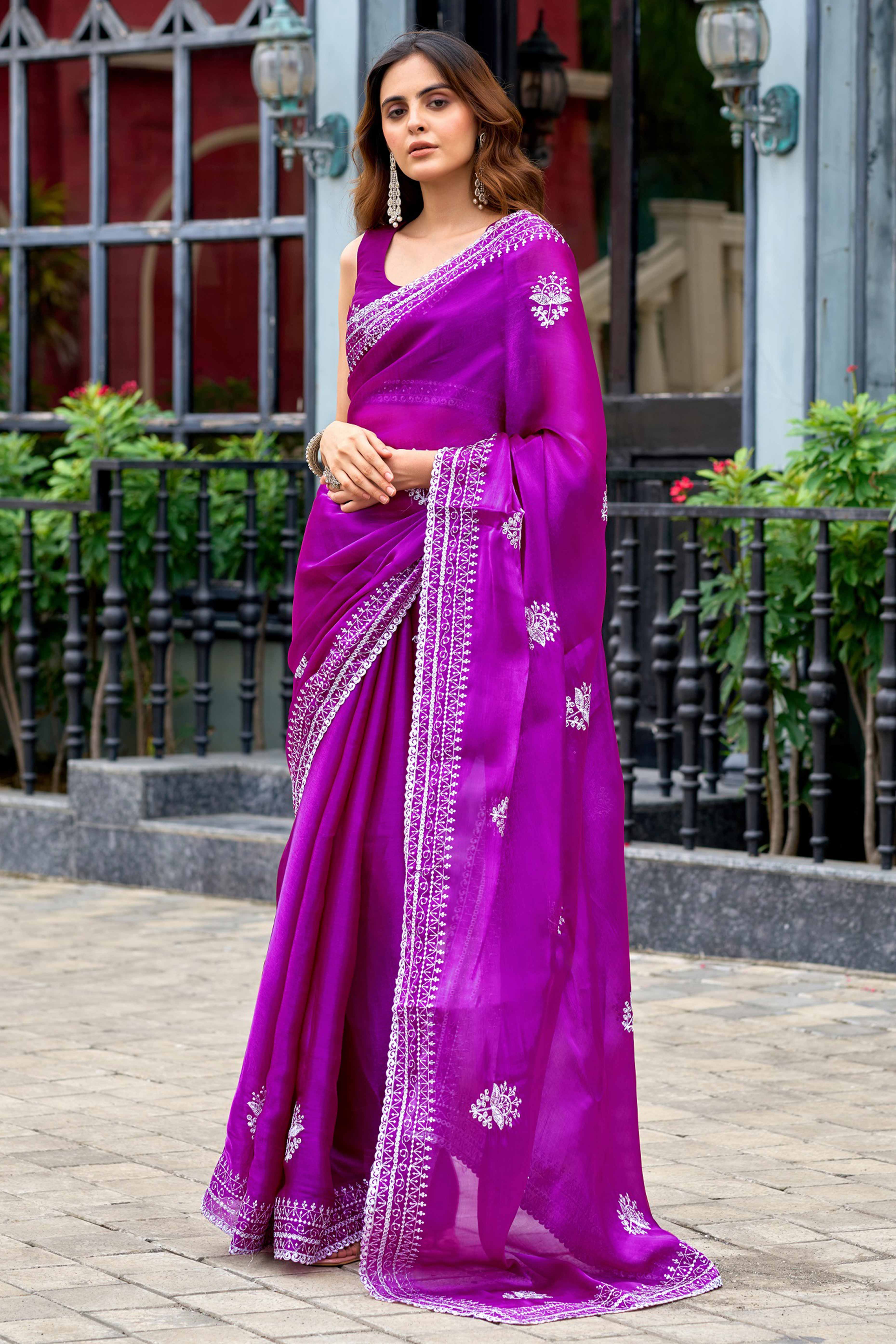 Purple Partywear Saree in Shimmer Chiffon with Sequins Embroidery - Image 4