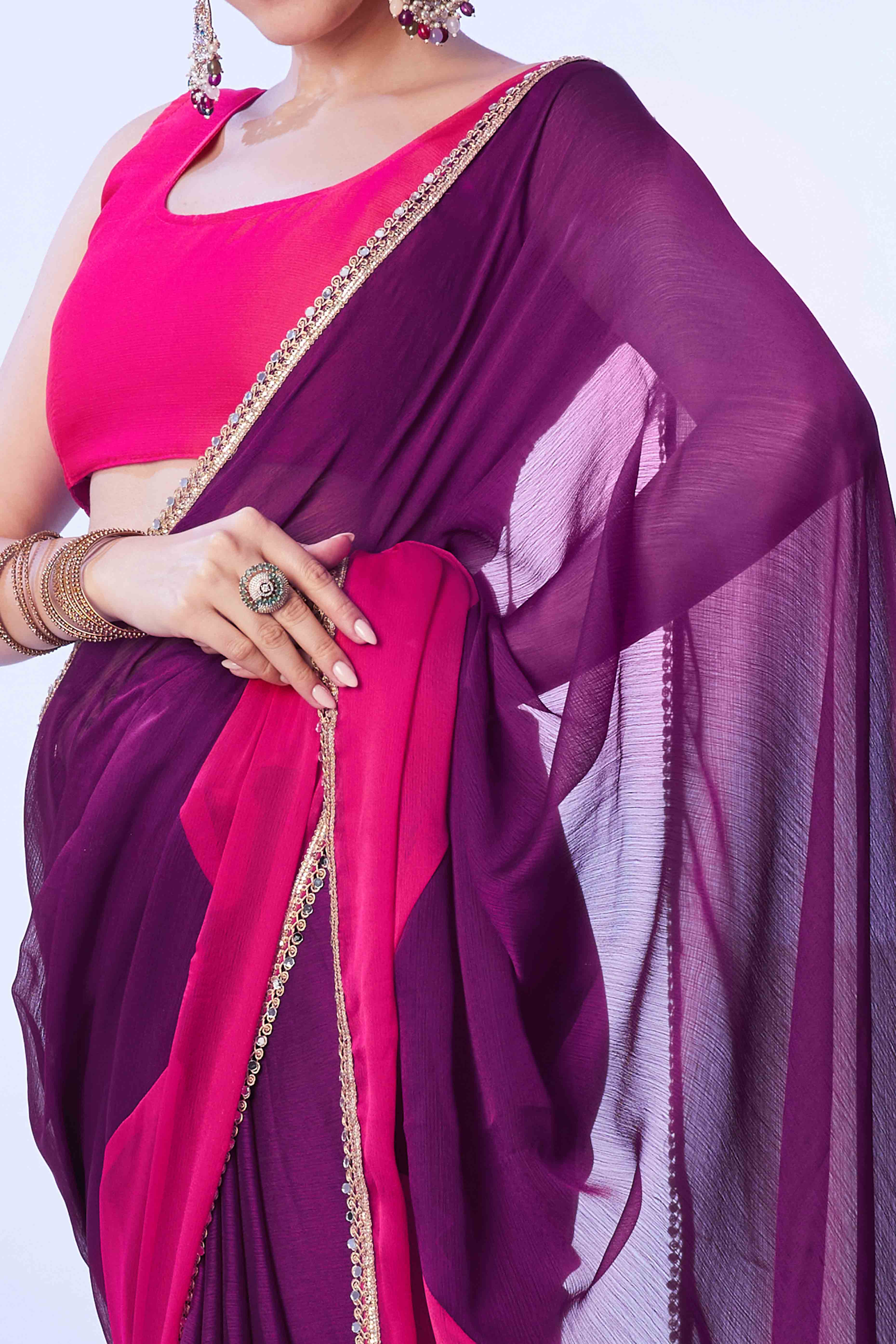 Purple & Pink Satin solid Saree Adorned with Ombre Pattern - Image 2