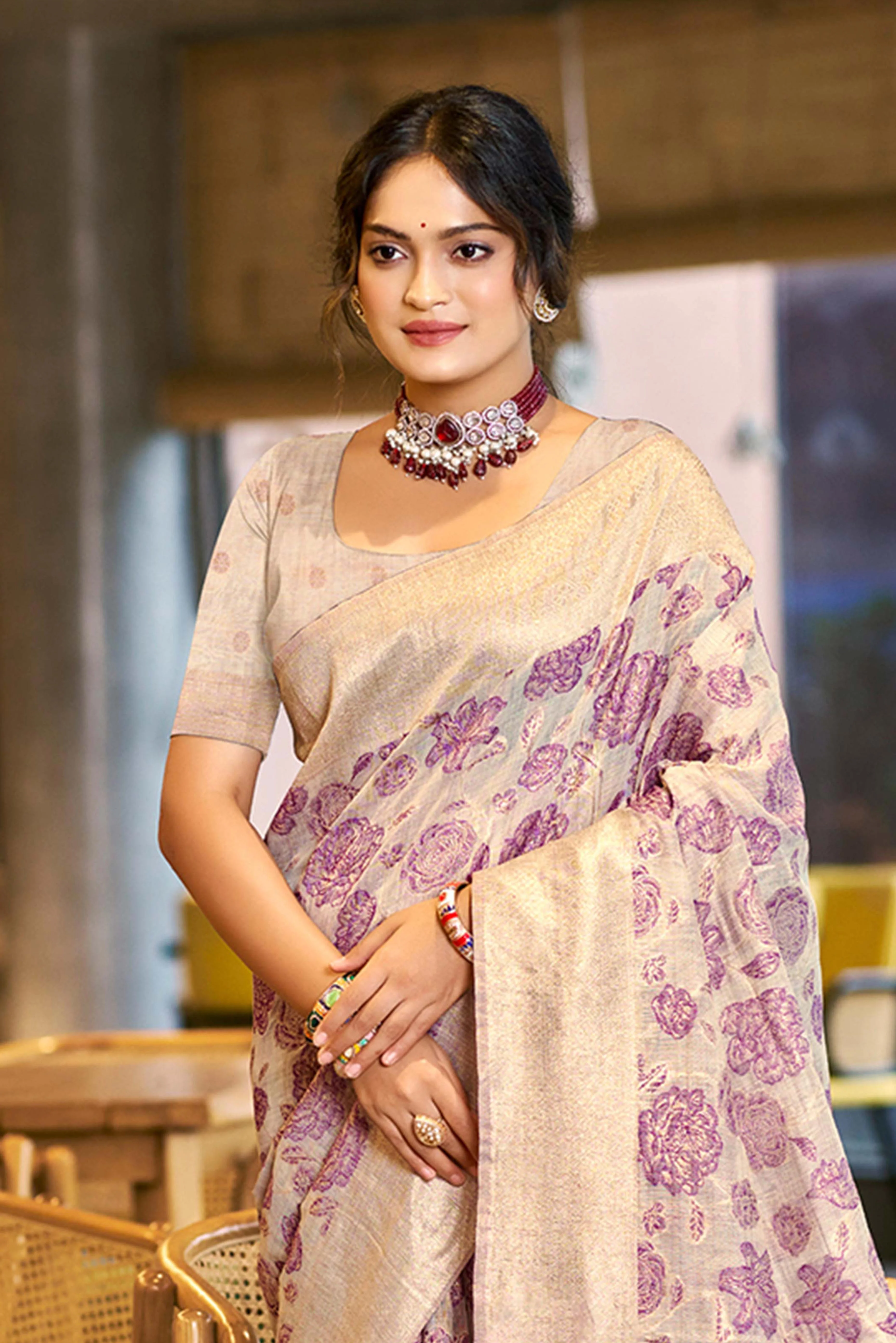 Purple Premium Cotton Silk Saree Highlighted With Floral Weaving Work & Tassel Pallu - Image 3