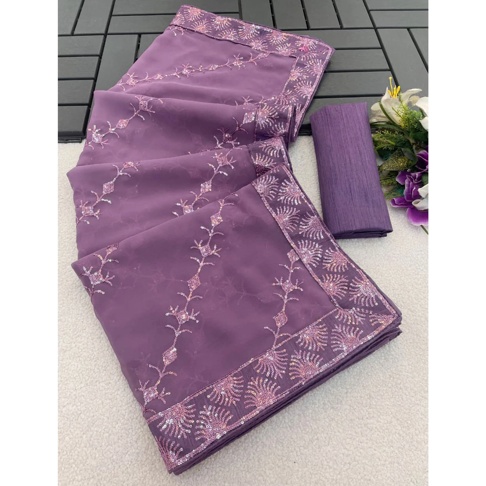 Purple Premium Vichitra Silk Saree Adorned with Shimmering Sequins Work - Image 5