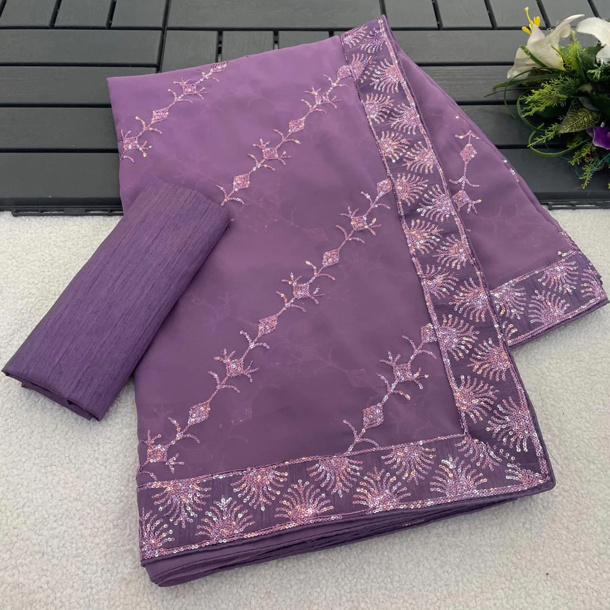 Purple Premium Vichitra Silk Saree Adorned with Shimmering Sequins Work - Image 6