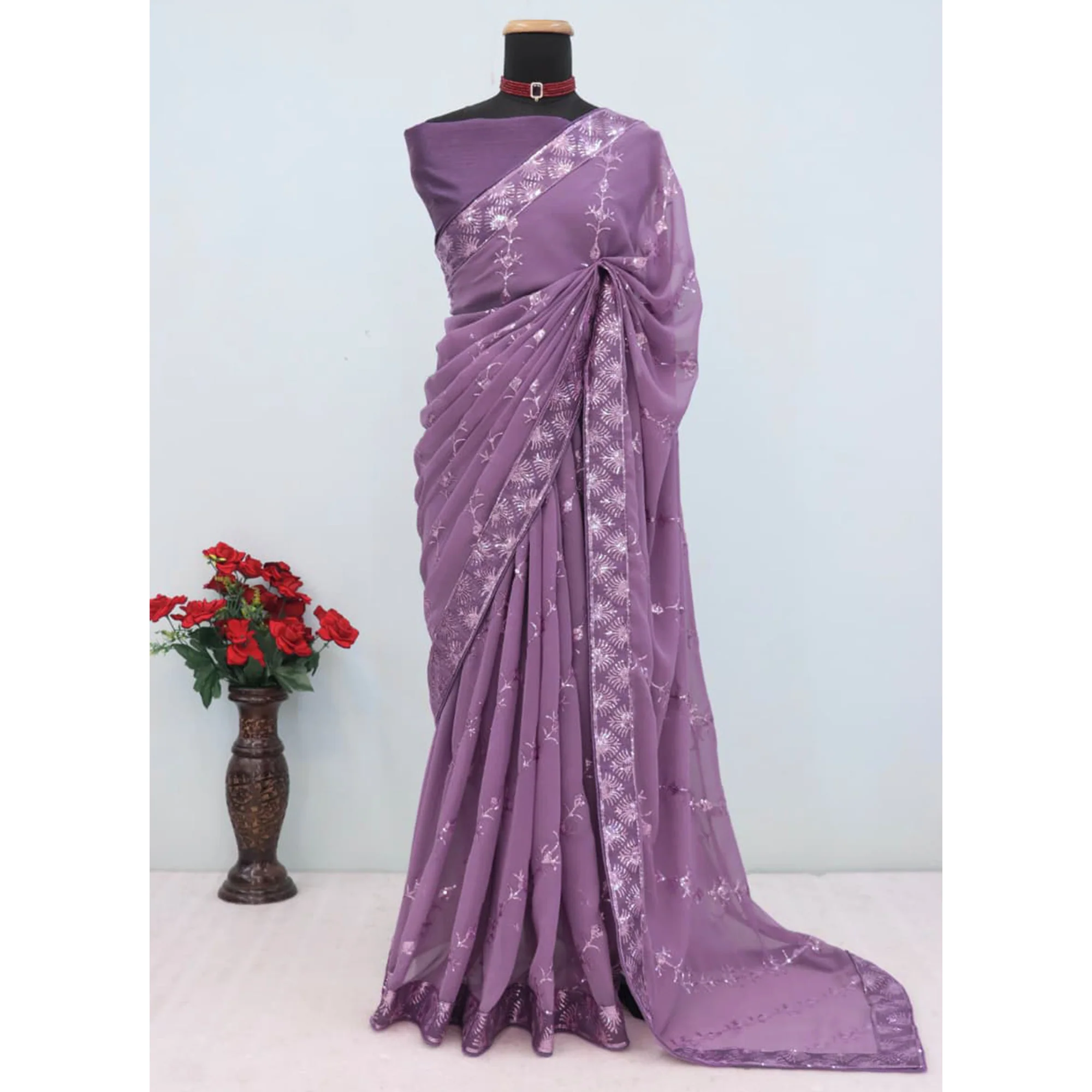 Purple Premium Vichitra Silk Saree Adorned with Shimmering Sequins Work - Image 8