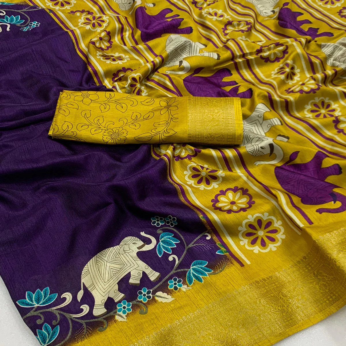 Purple Printed Dola Silk Saree - Image 2