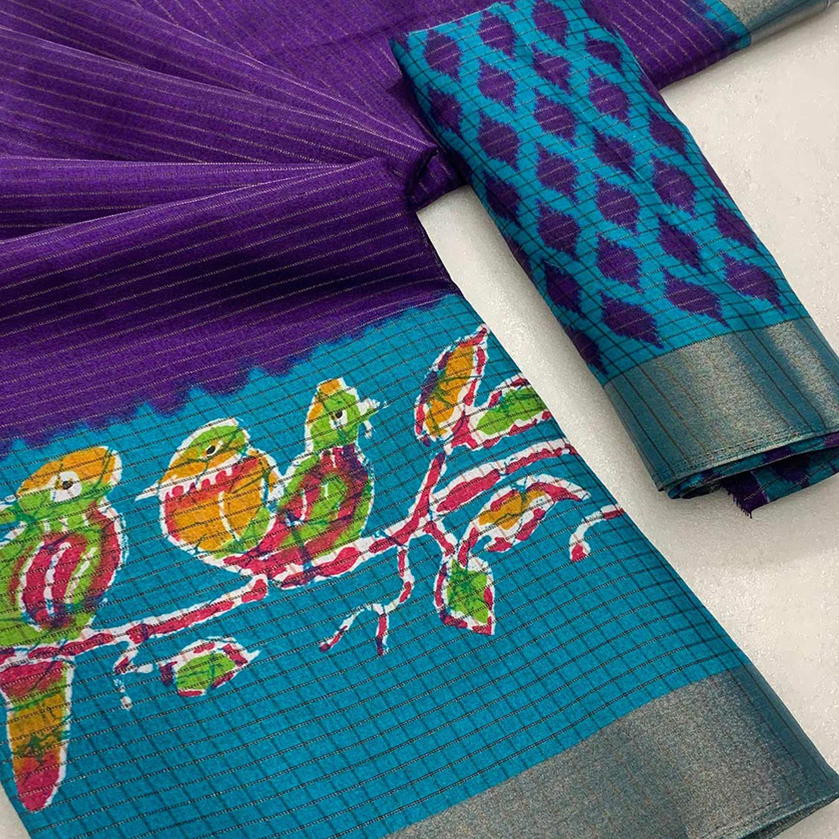 Purple Georgette Saree Adorned With Elegant Bird Embroidery - Image 2